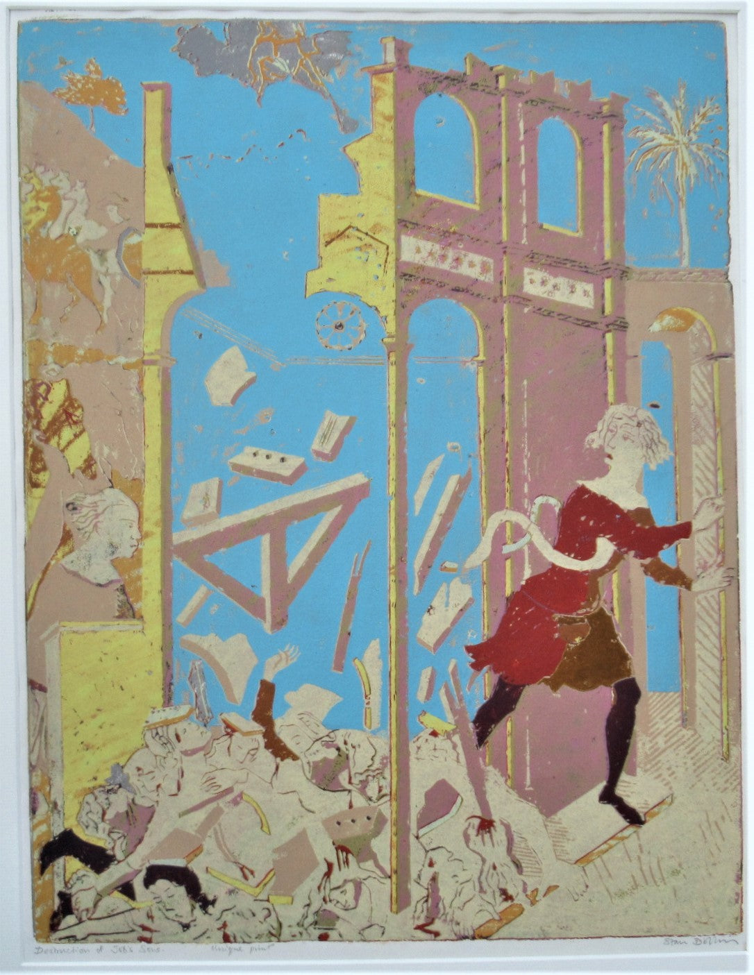Stan Dobbin unique large screenprint, The Destruction of Job's Sons c1970 signed