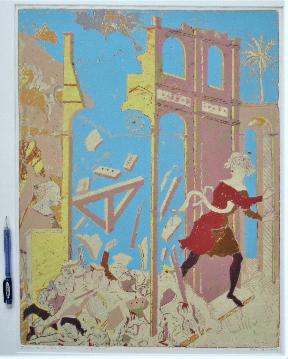 Stan Dobbin unique large screenprint, The Destruction of Job's Sons c1970 signed
