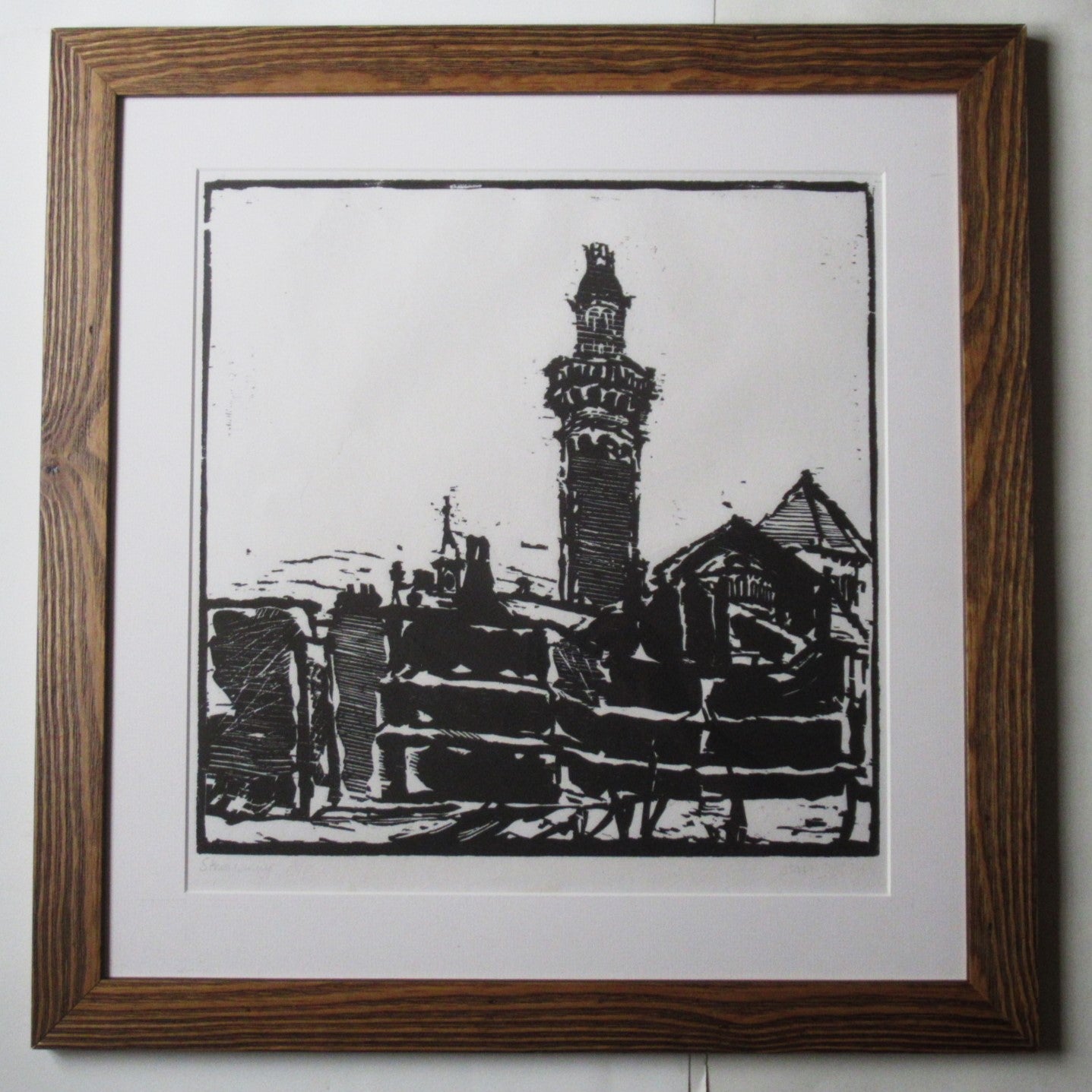 Stan Dobbin large woodcut print, Strangeways Prison Manchester, c1970, framed