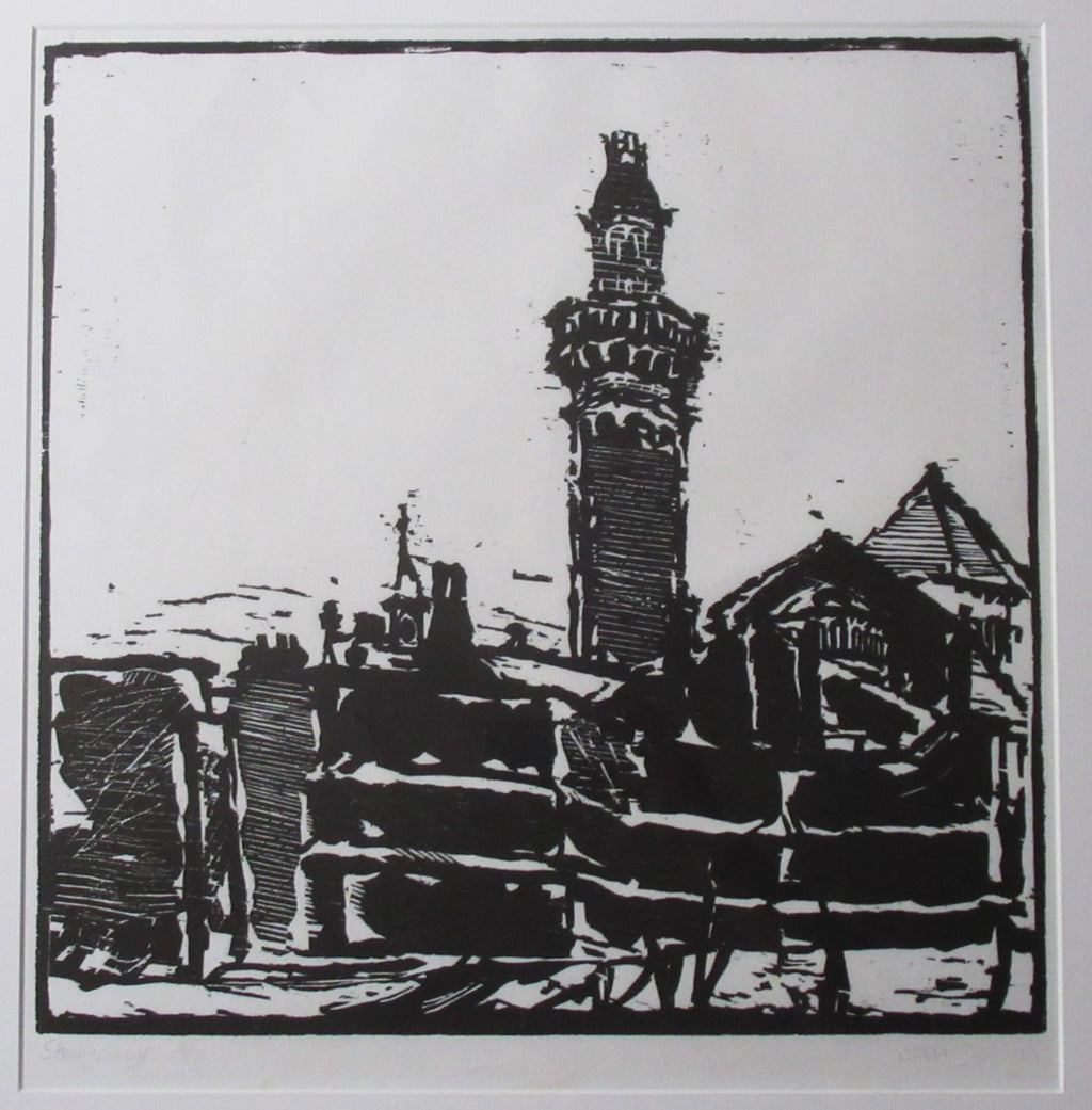 Stan Dobbin large woodcut print, Strangeways Prison Manchester, c1970, framed