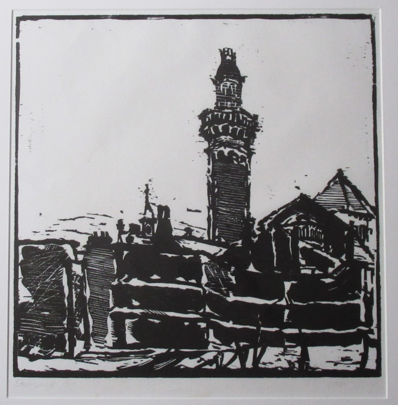 Stan Dobbin large woodcut print, Strangeways Prison Manchester, c1970, framed