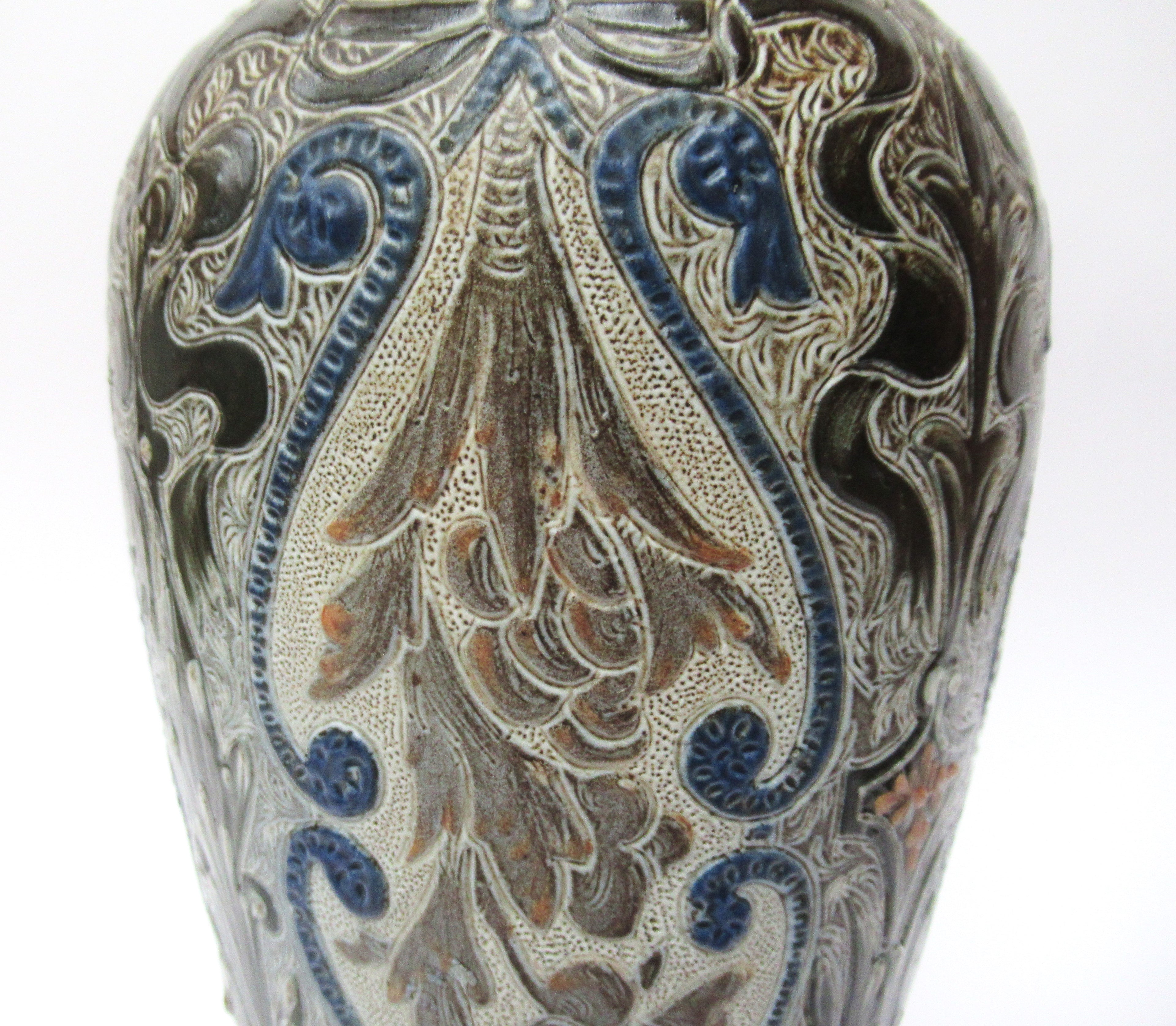 Doulton Lambeth antique richly decorated stoneware vase by Edith Rogers, 1881