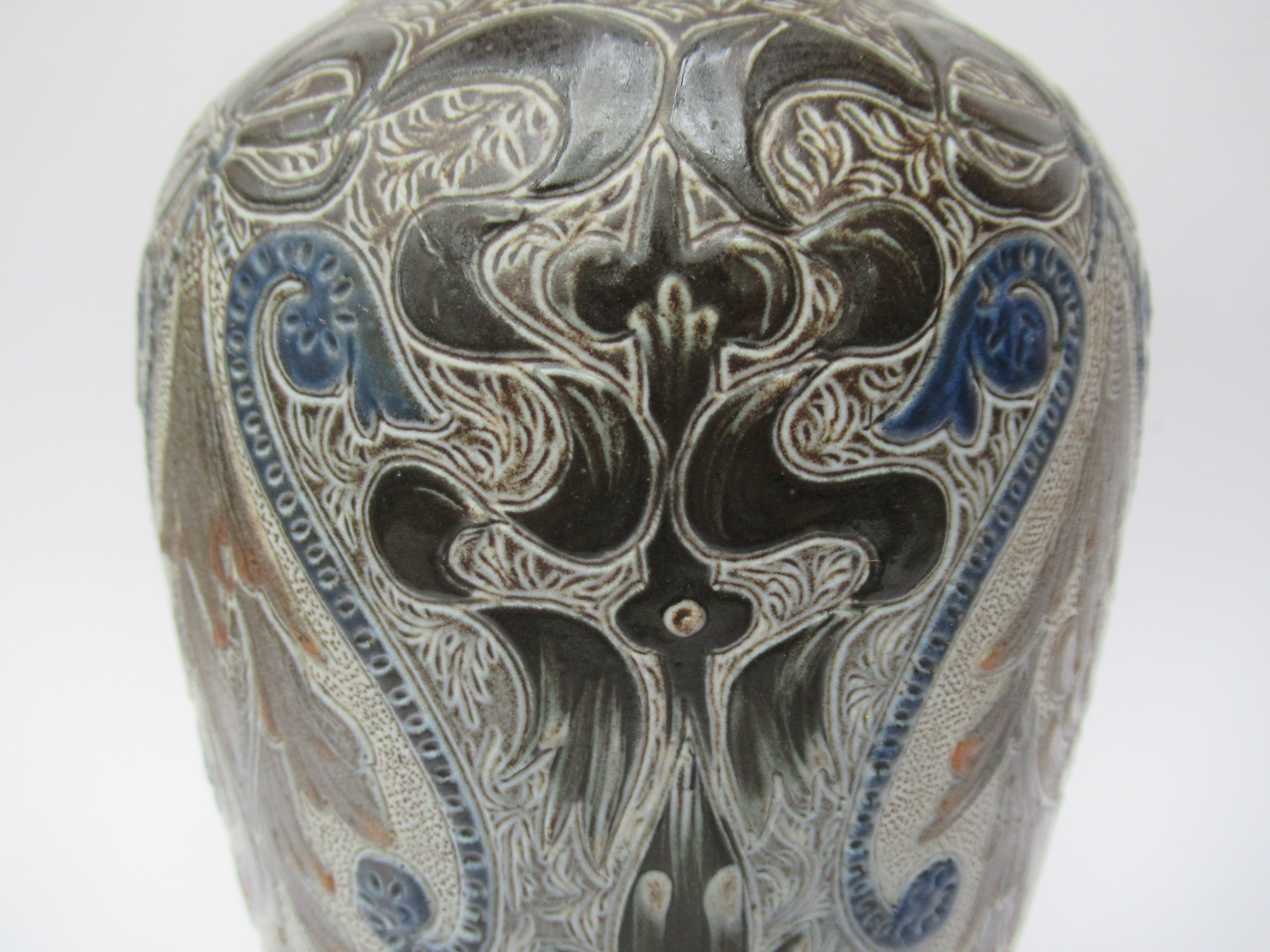 Doulton Lambeth antique richly decorated stoneware vase by Edith Rogers, 1881