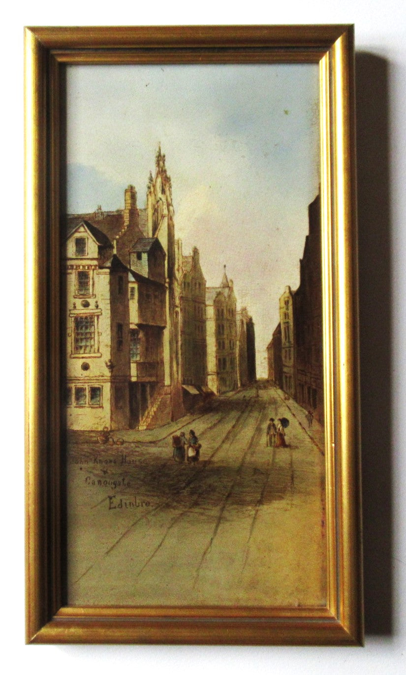 Antique hand painted framed tile, c1880, Edinburgh, John Knox's House, Canongate