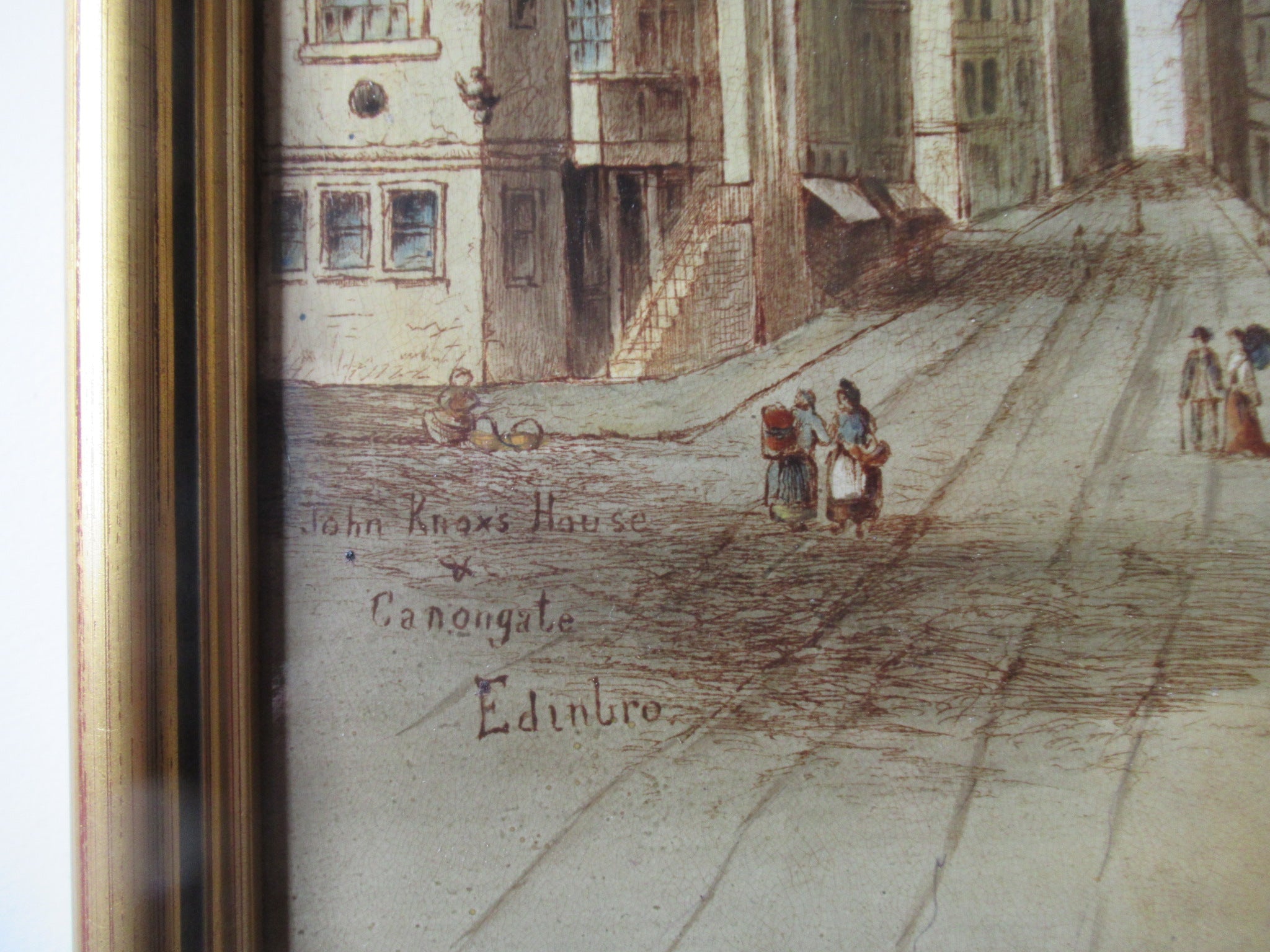 Antique hand painted framed tile, c1880, Edinburgh, John Knox's House, Canongate
