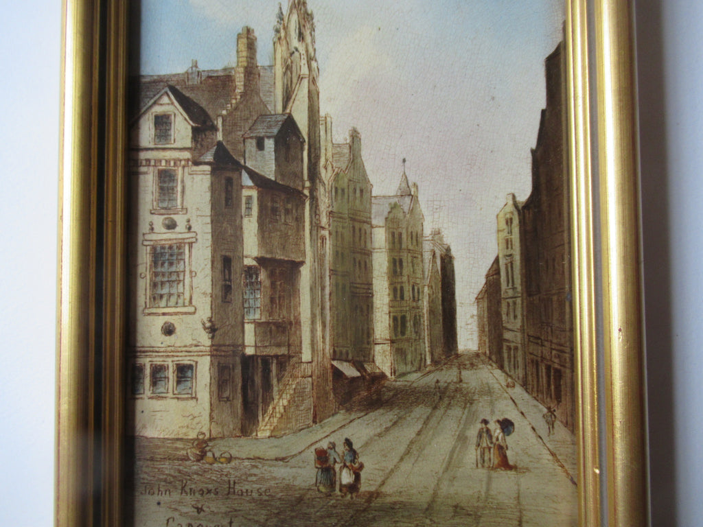 Antique hand painted framed tile, c1880, Edinburgh, John Knox's House, Canongate