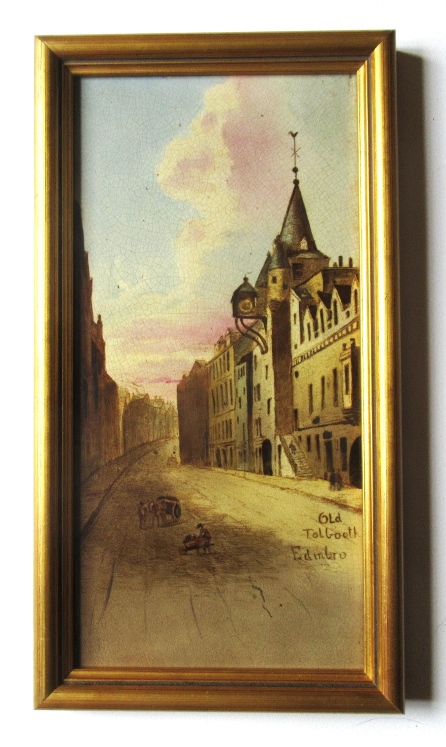 Antique hand painted framed tile, c1880, Edinburgh, Old Tolbooth