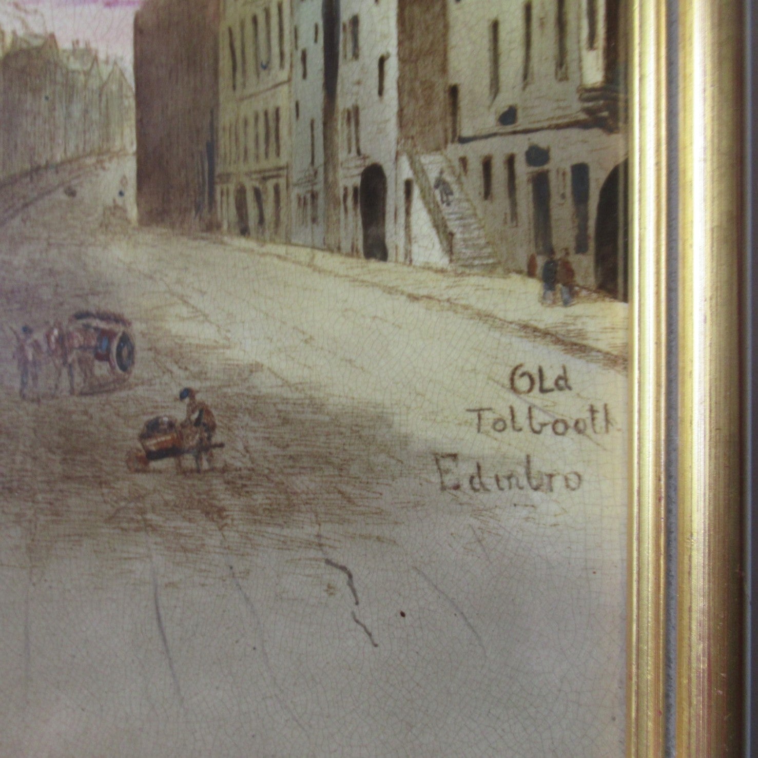 Antique hand painted framed tile, c1880, Edinburgh, Old Tolbooth