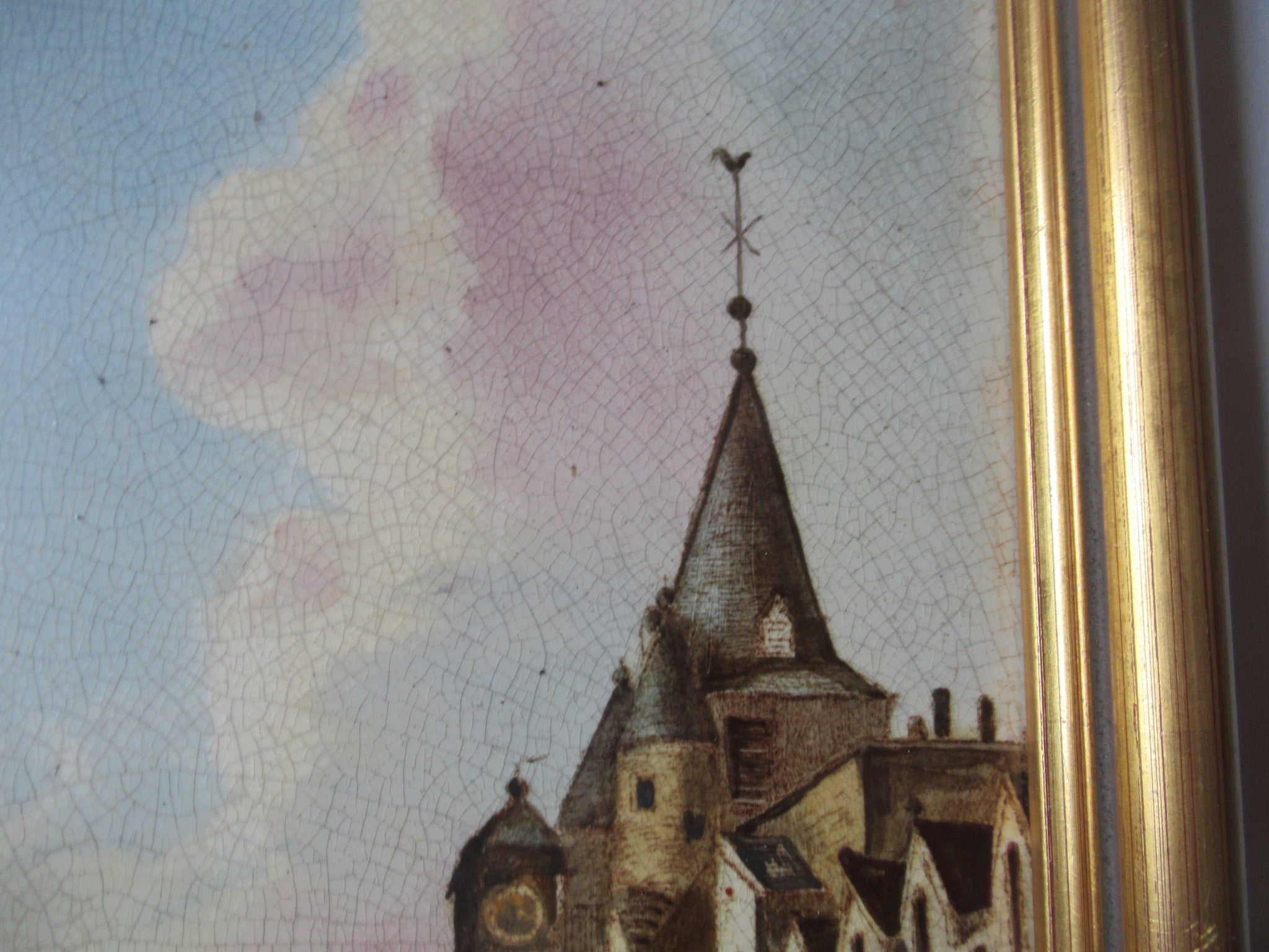 Antique hand painted framed tile, c1880, Edinburgh, Old Tolbooth