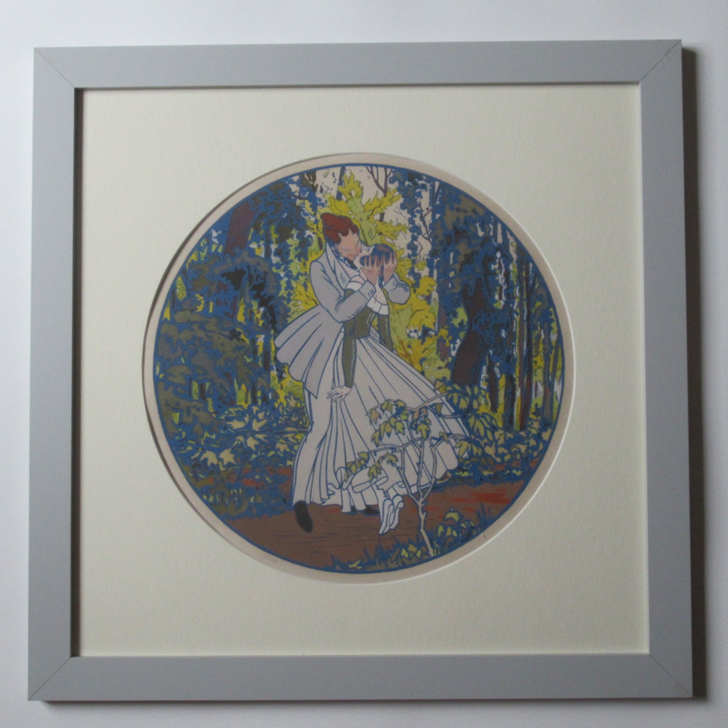 Antique French Art Deco pochoir print, Le Printemps, c1920, framed