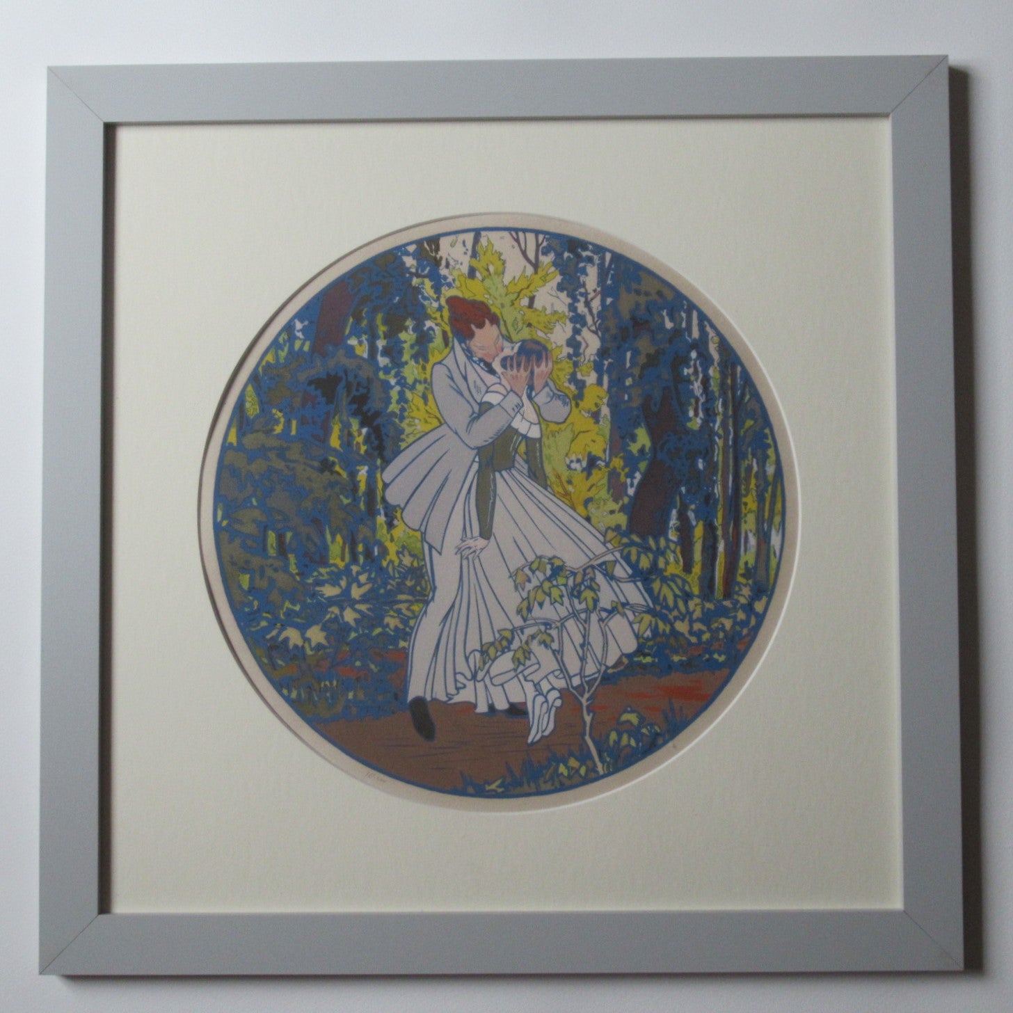 Antique French Art Deco pochoir print, Le Printemps, c1920, framed