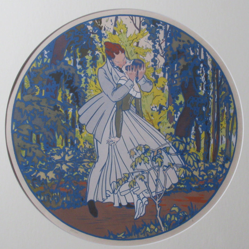 Antique French Art Deco pochoir print, Le Printemps, c1920, framed