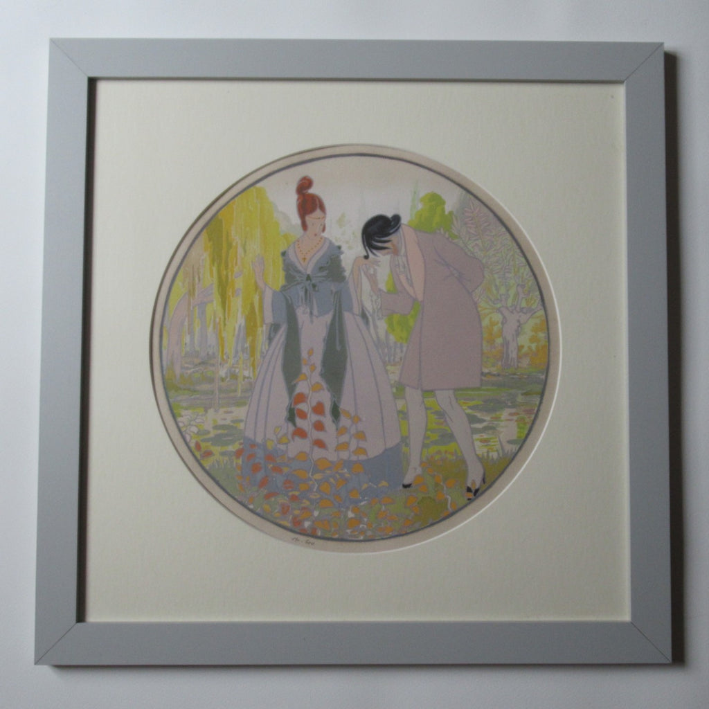 Antique French Art Deco pochoir limited edition print, L'Automne, c1920, framed