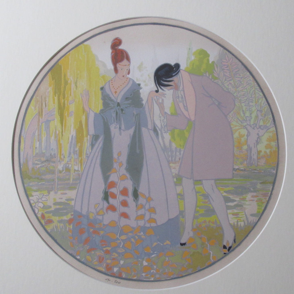 Antique French Art Deco pochoir limited edition print, L'Automne, c1920, framed