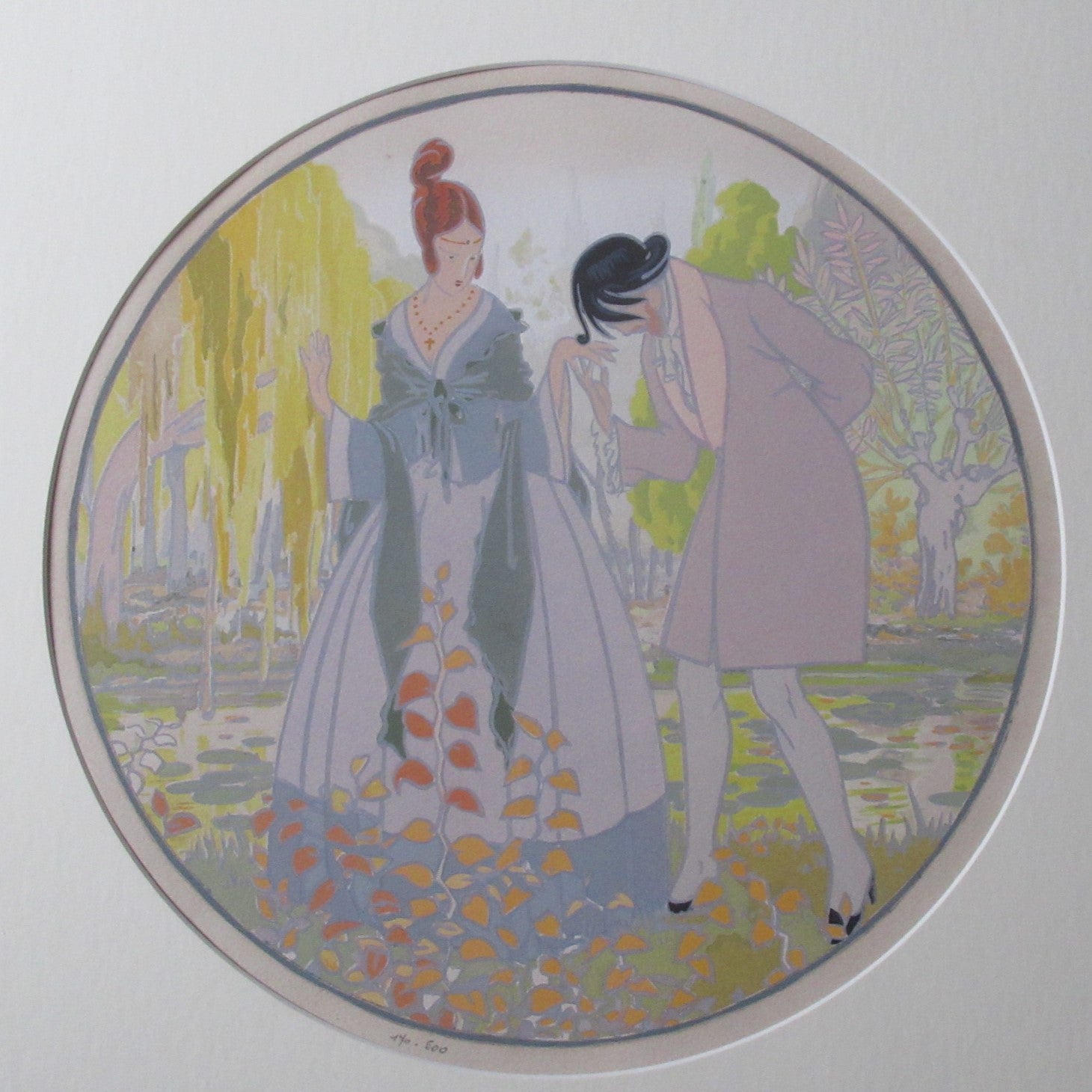 Antique French Art Deco pochoir limited edition print, L'Automne, c1920, framed