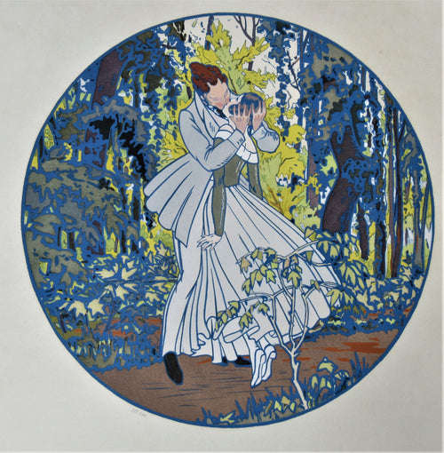 Antique French Art Deco pochoir print, Le Printemps, c1920, framed