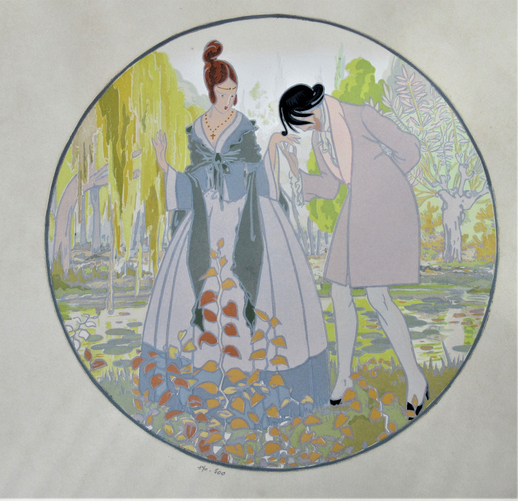 Antique French Art Deco pochoir limited edition print, L'Automne, c1920, framed