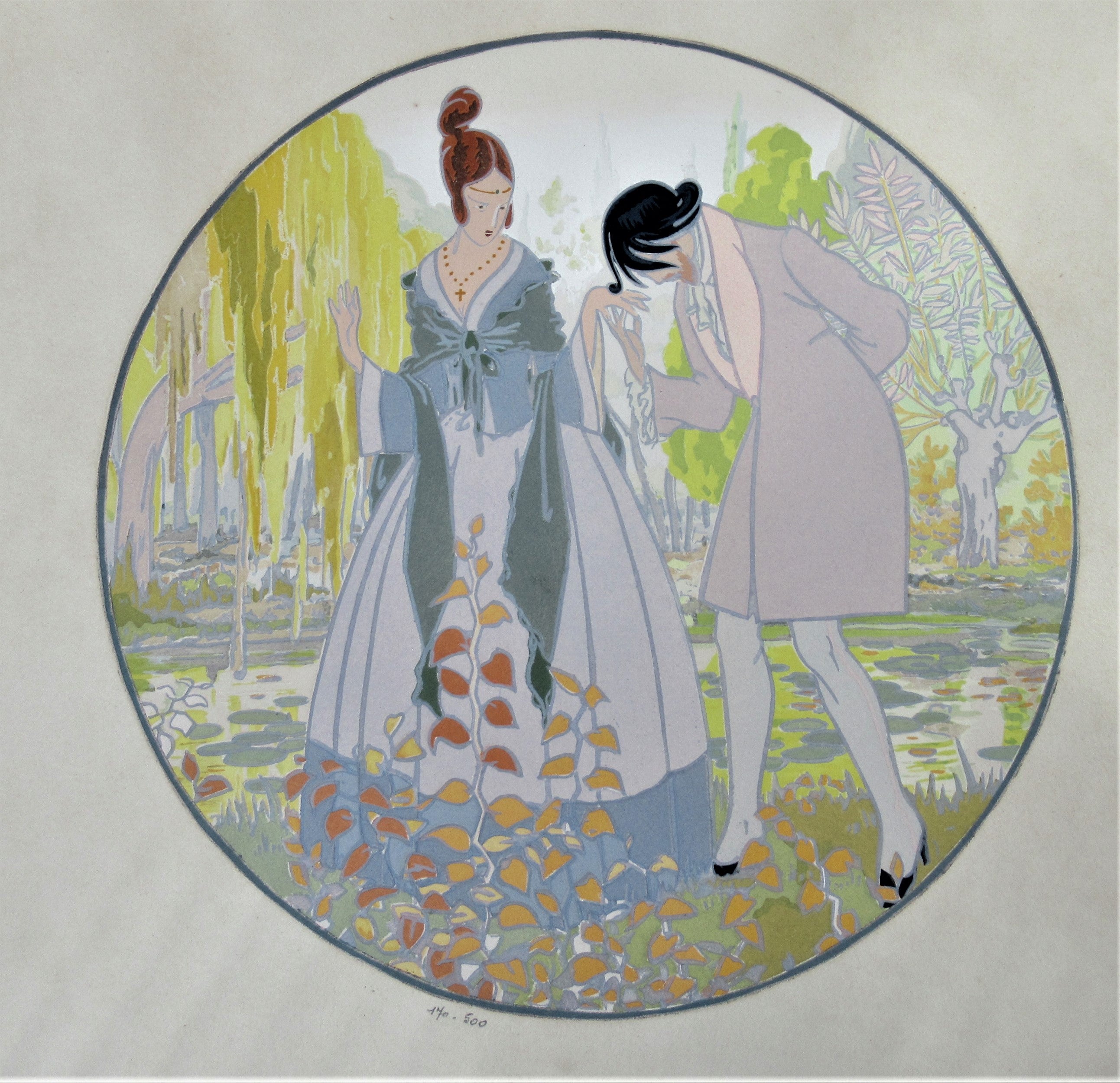 Antique French Art Deco pochoir limited edition print, L'Automne, c1920, framed