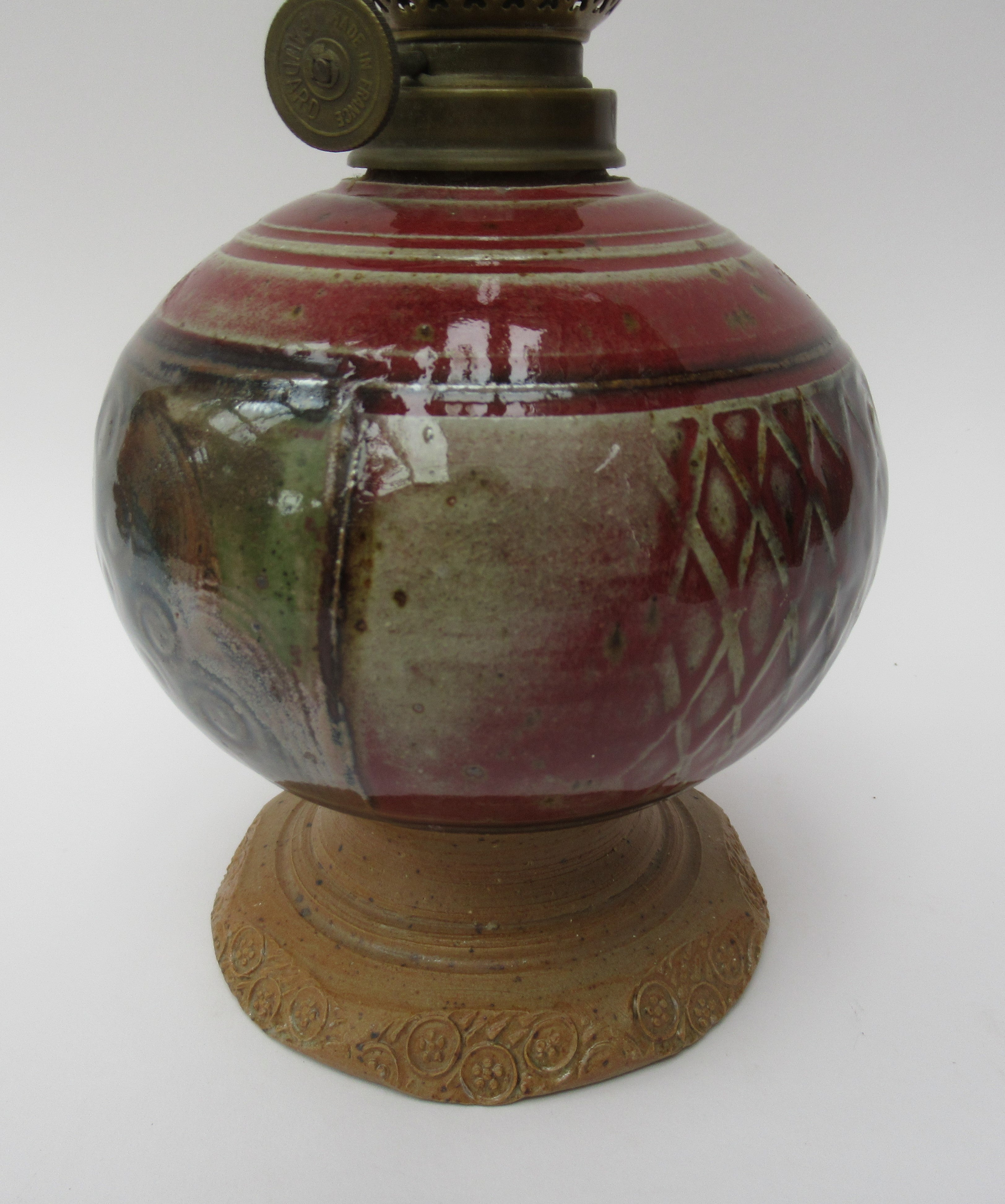 French vintage studio pottery stoneware oil or kerosene lamp, c1980