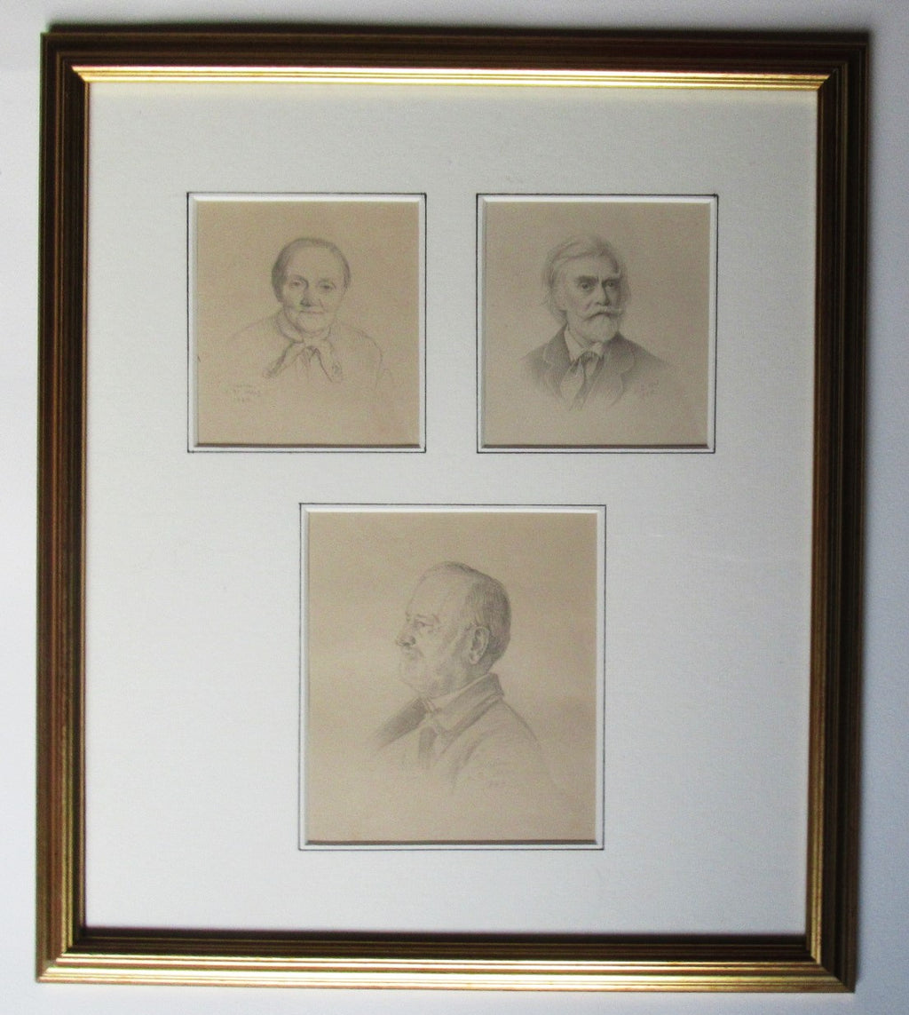 Three original German pencil drawing portraits, Dresden 1884, framed together