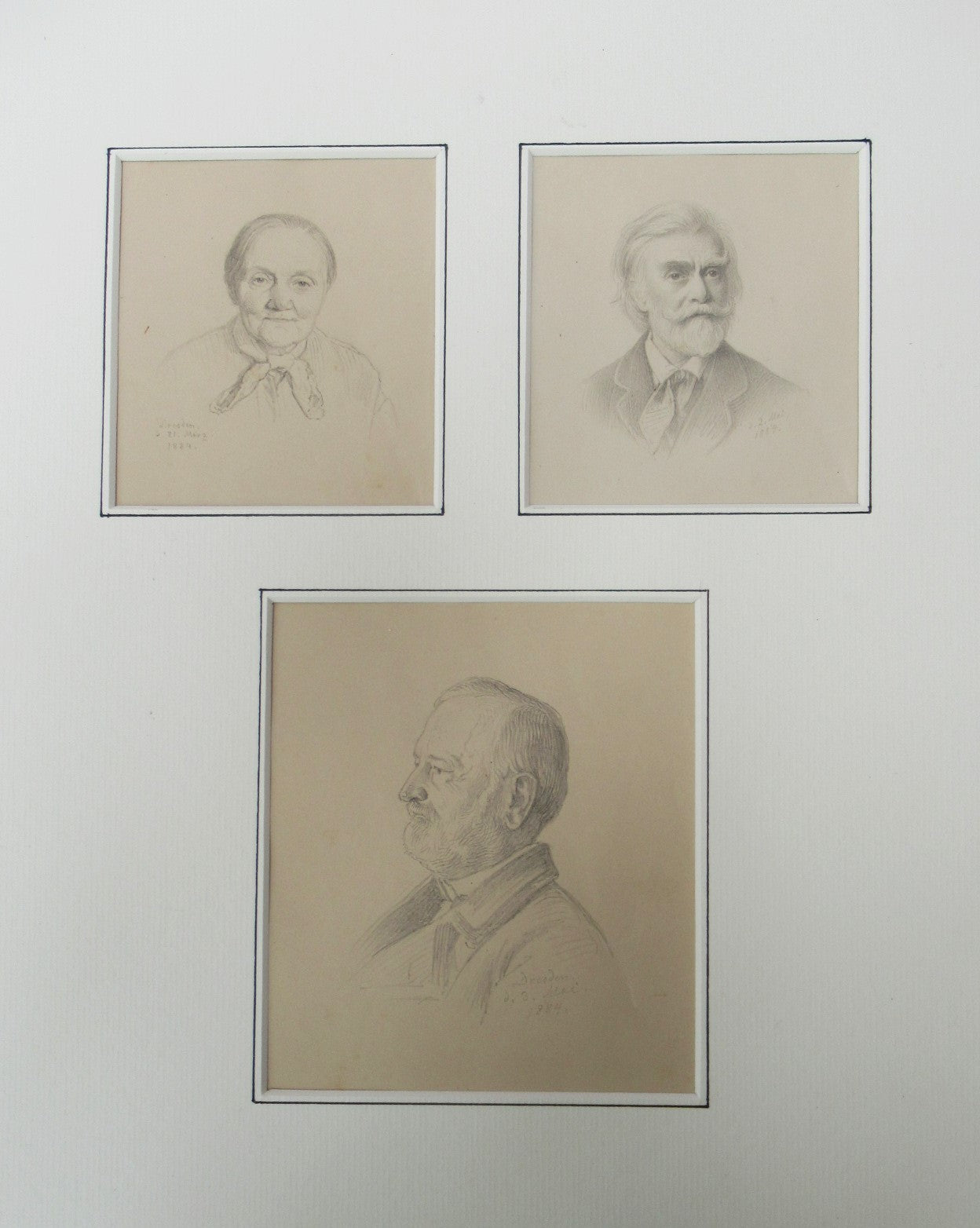 Three original German pencil drawing portraits, Dresden 1884, framed together