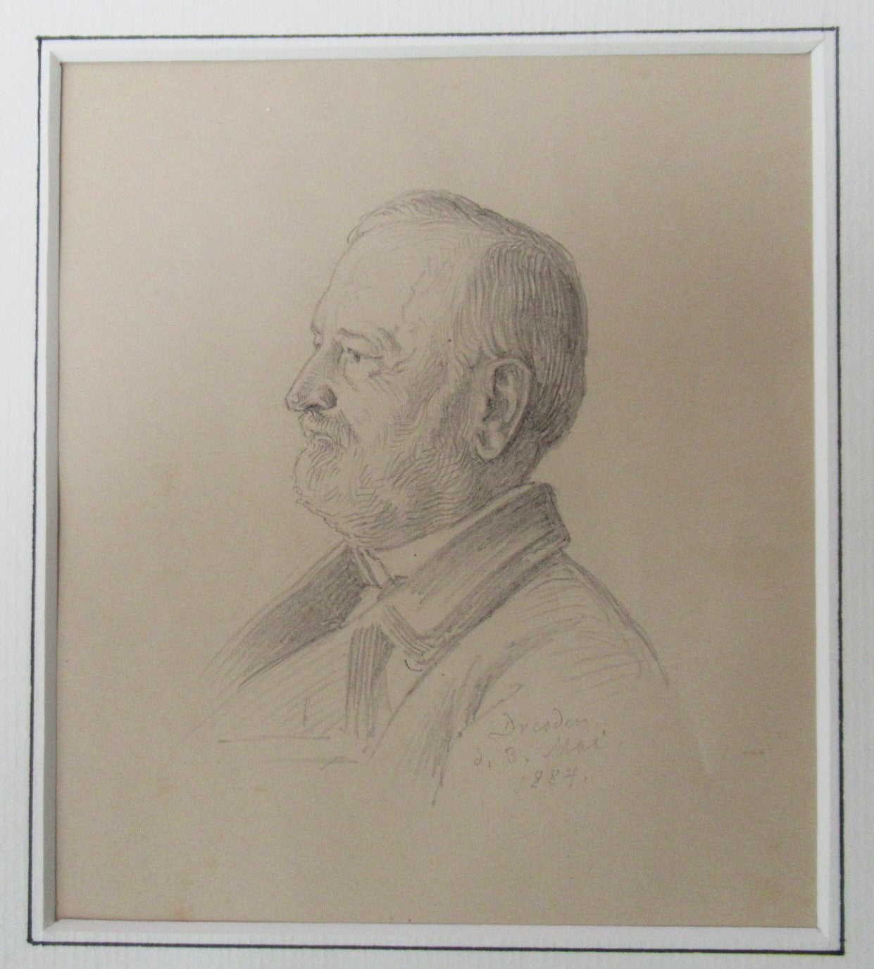 Three original German pencil drawing portraits, Dresden 1884, framed together