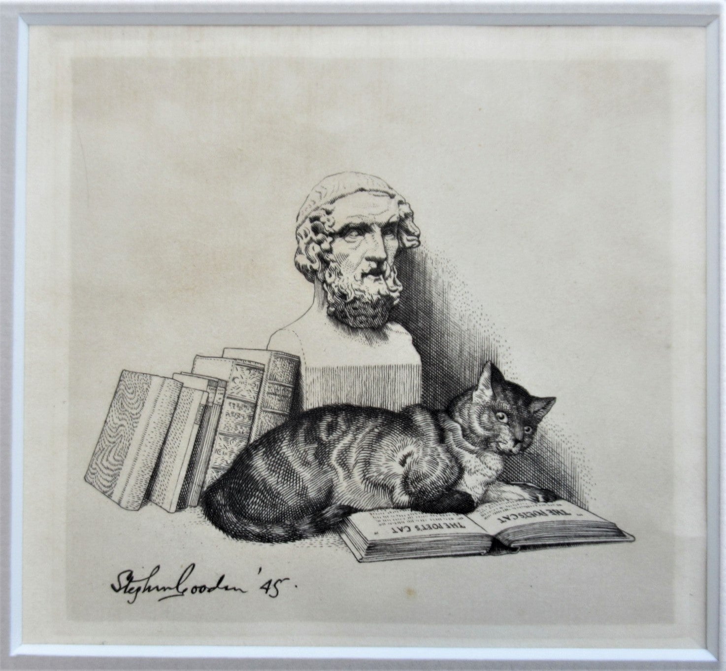 Stephen Gooden, line engraving, frontispiece to The Poet's Cat, 1945, framed