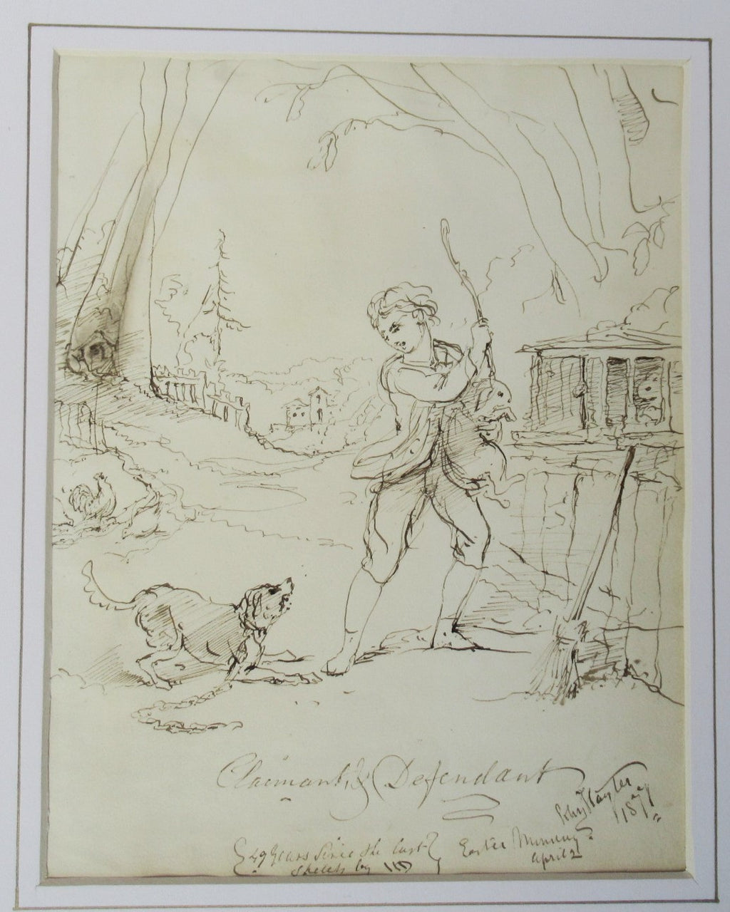 John Hayter original pen & ink drawing titled Claimant & Defendant, signed, 1877