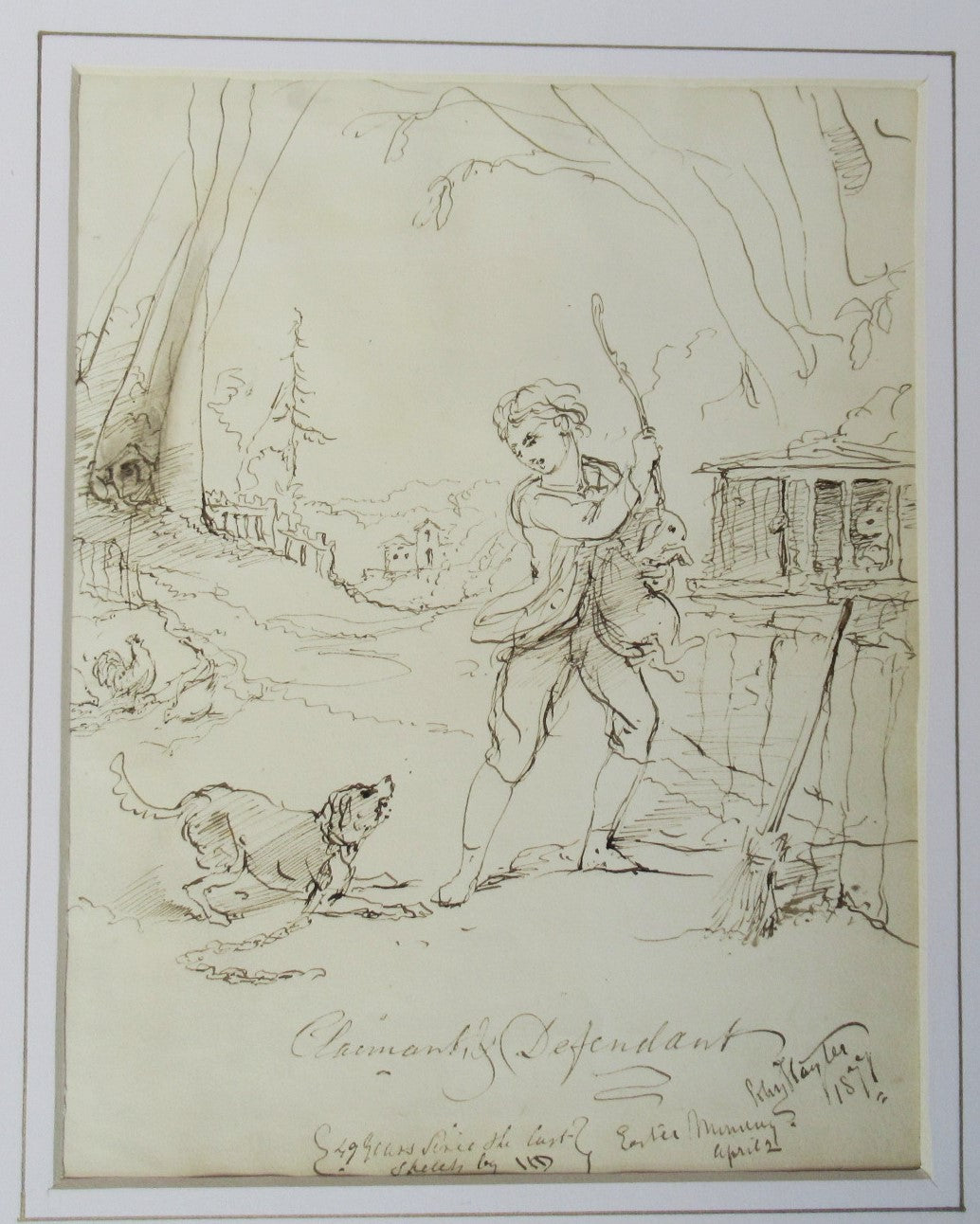 John Hayter original pen & ink drawing titled Claimant & Defendant, signed, 1877