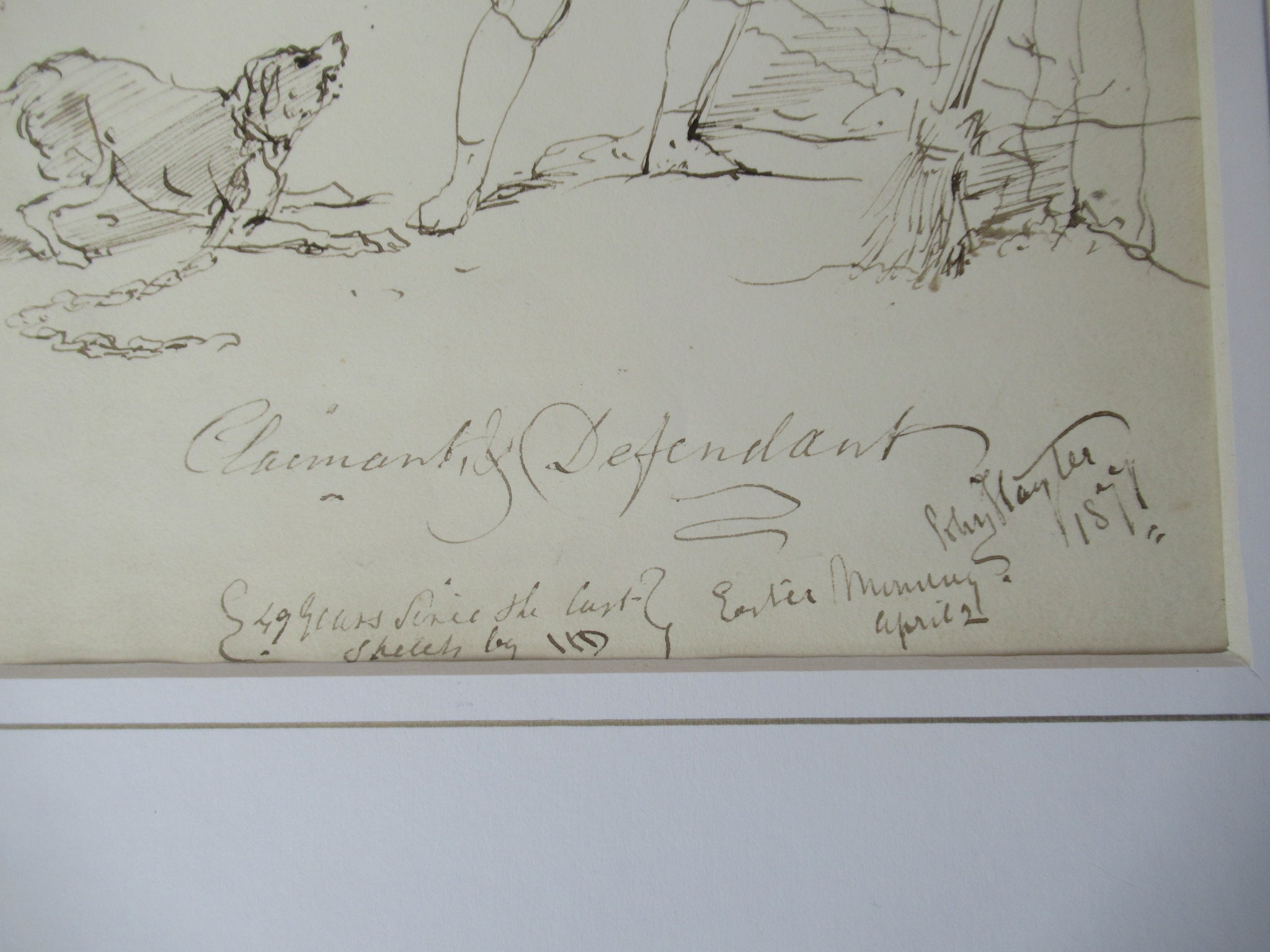 John Hayter original pen & ink drawing titled Claimant & Defendant, signed, 1877