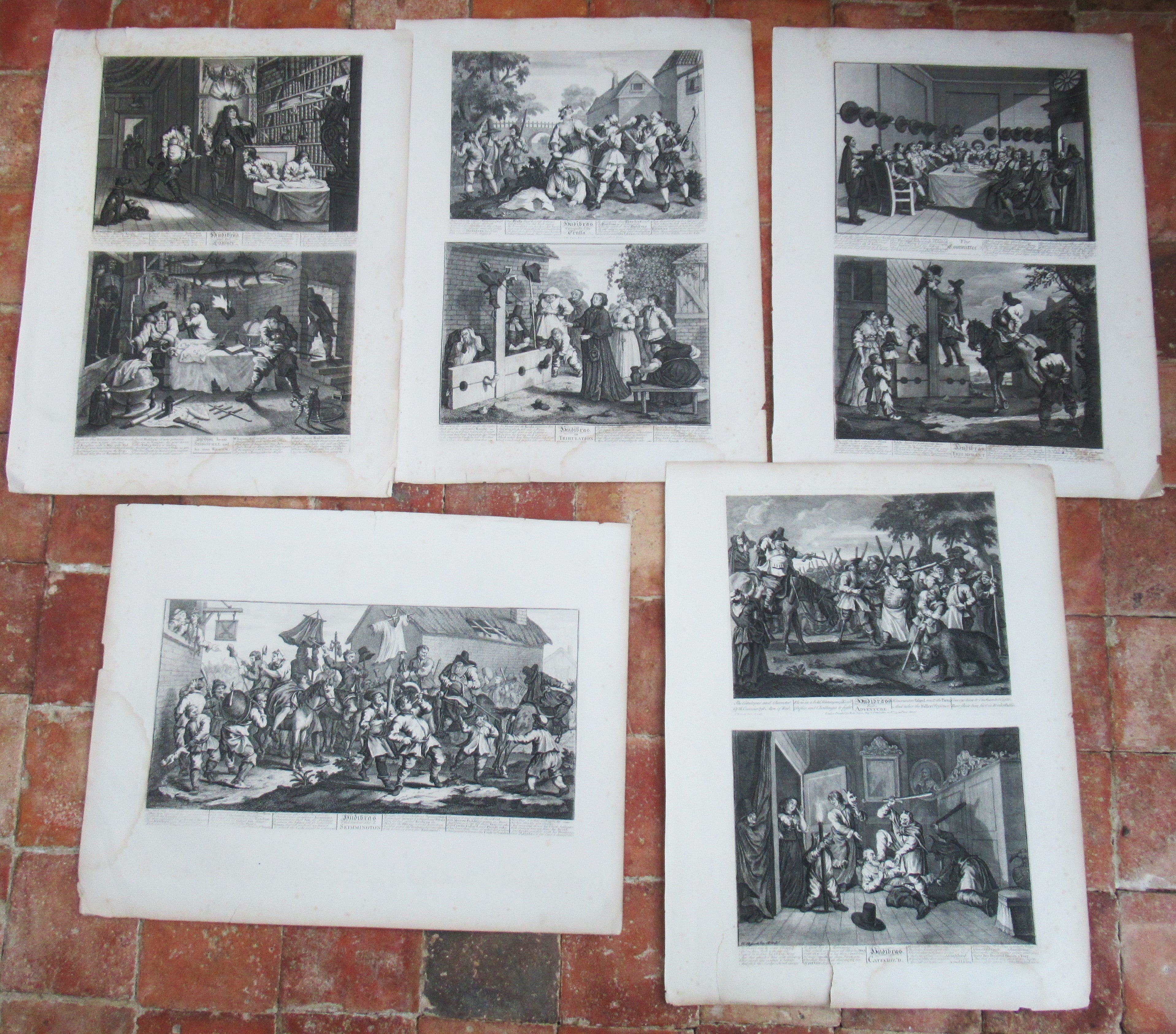 Nine original antique prints by William Hogarth, from illustrations to Hudibras