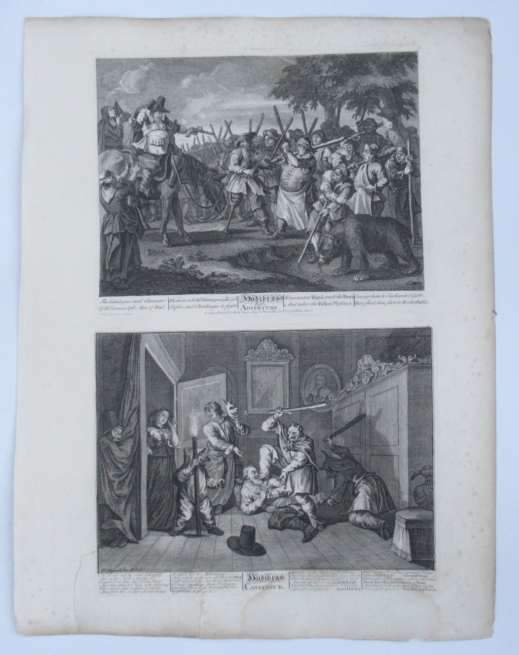 Nine original antique prints by William Hogarth, from illustrations to Hudibras