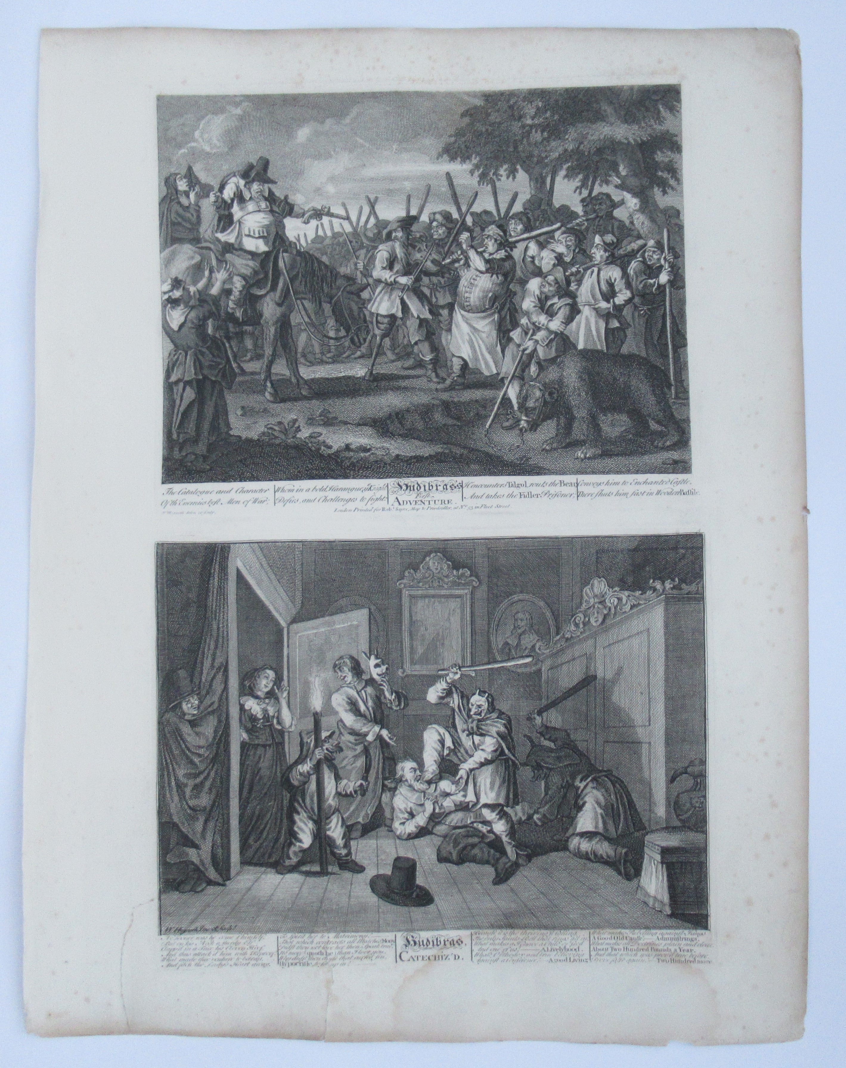 Nine original antique prints by William Hogarth, from illustrations to Hudibras