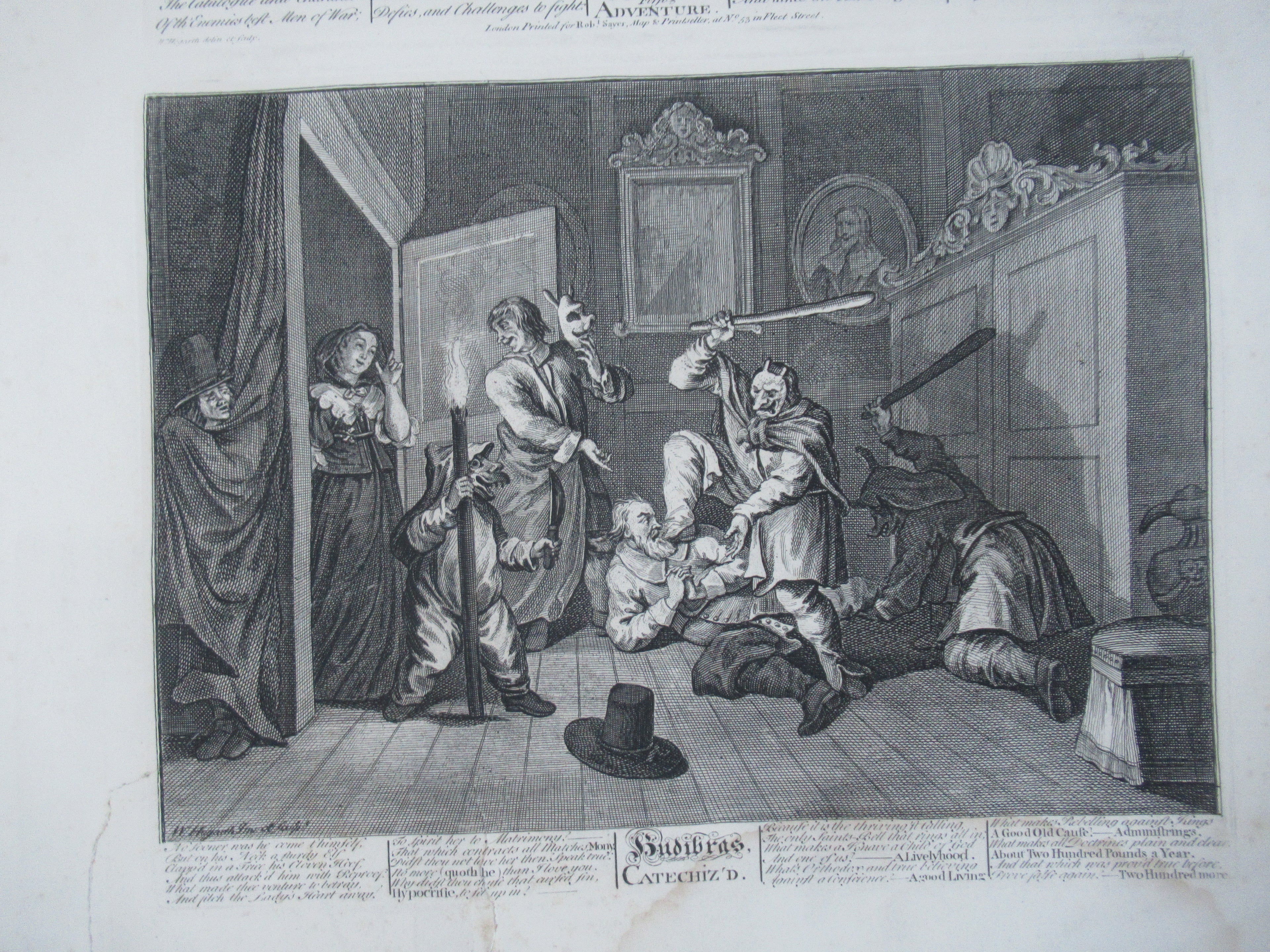 Nine original antique prints by William Hogarth, from illustrations to Hudibras