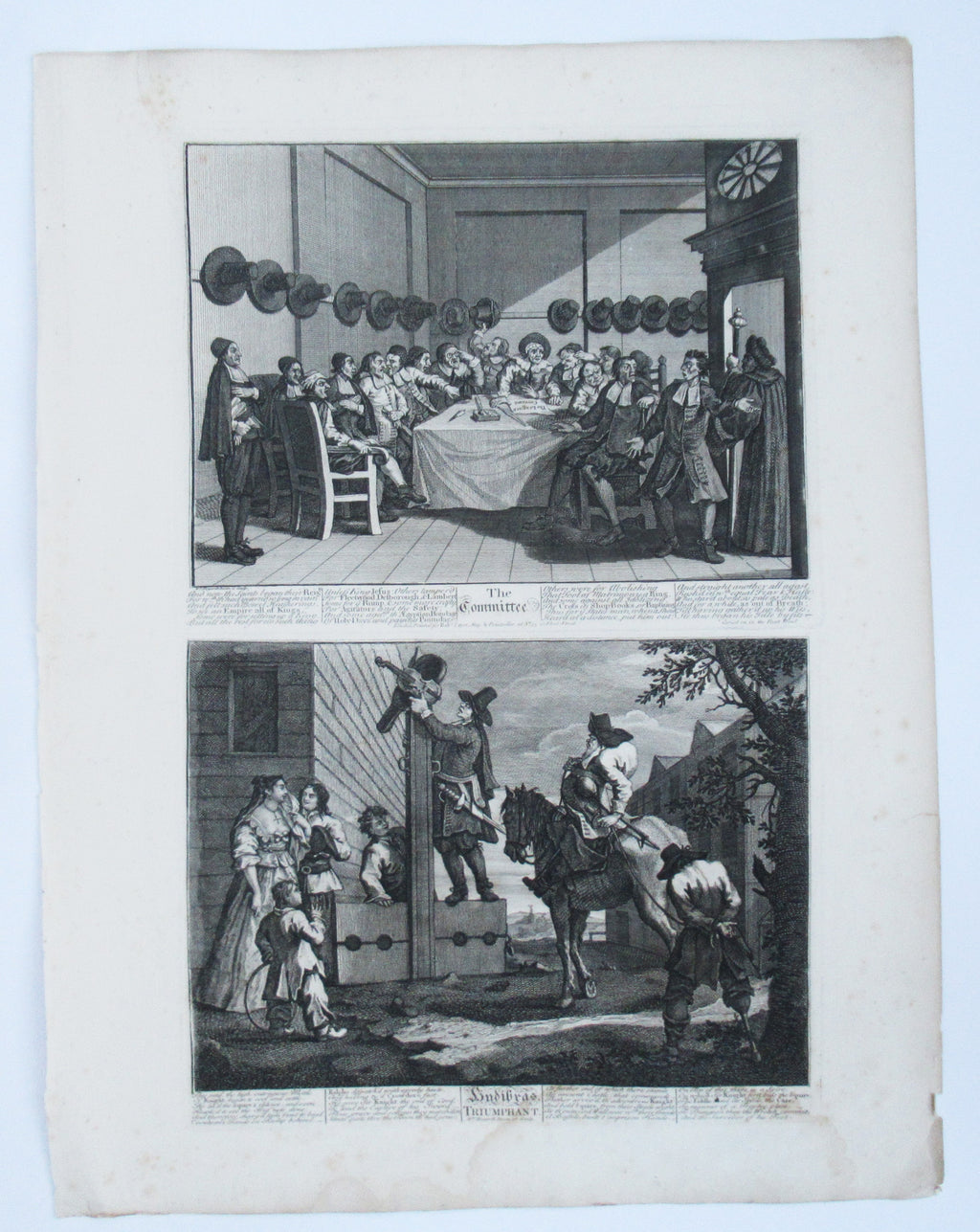 Nine original antique prints by William Hogarth, from illustrations to Hudibras