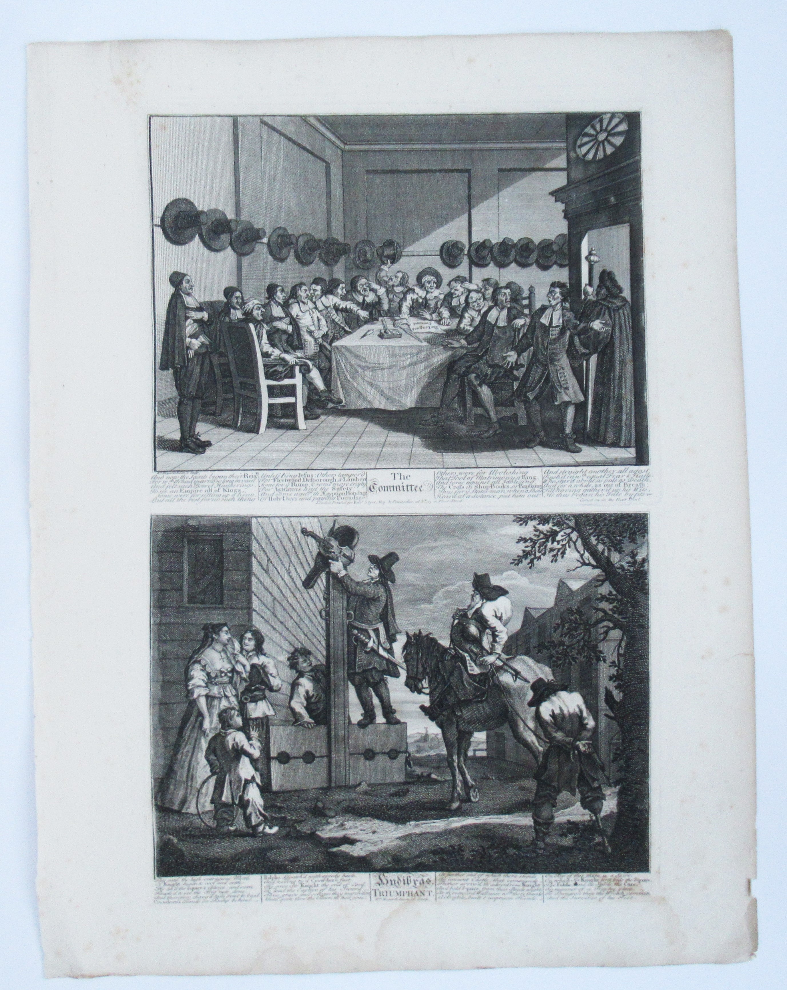 Nine original antique prints by William Hogarth, from illustrations to Hudibras