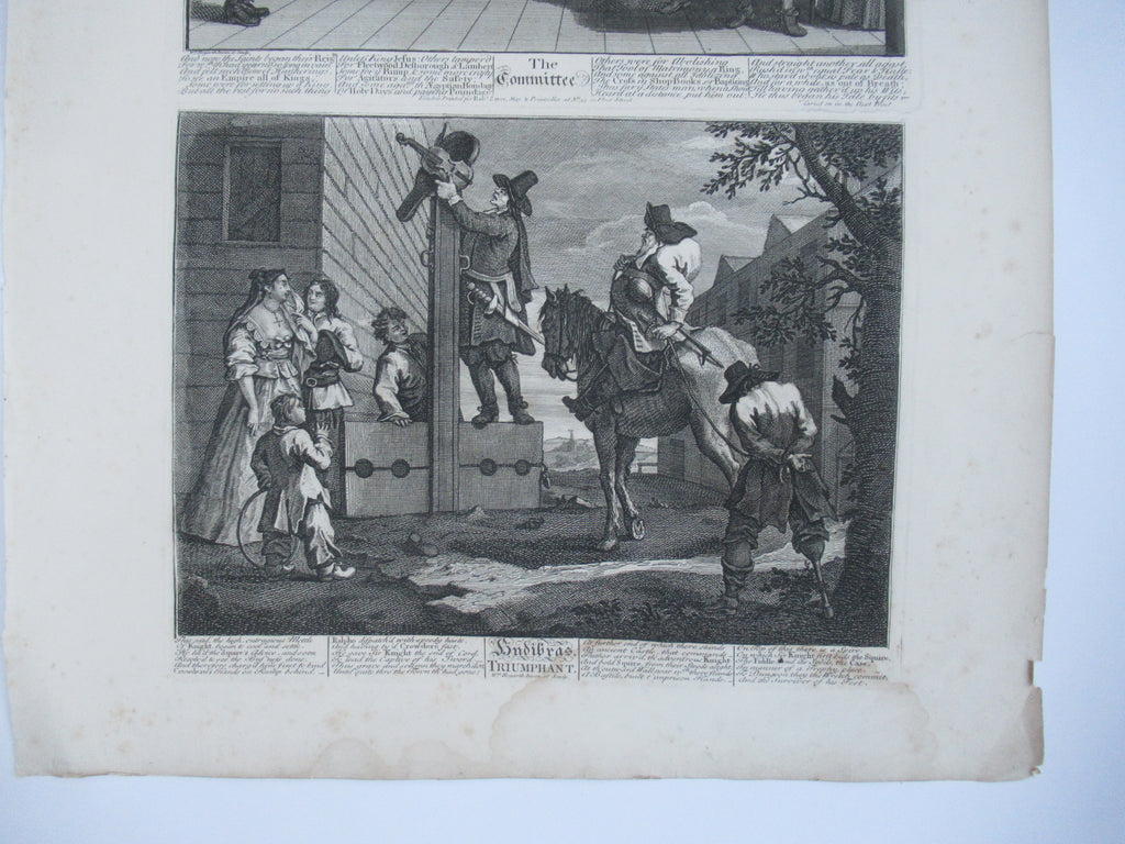 Nine original antique prints by William Hogarth, from illustrations to Hudibras