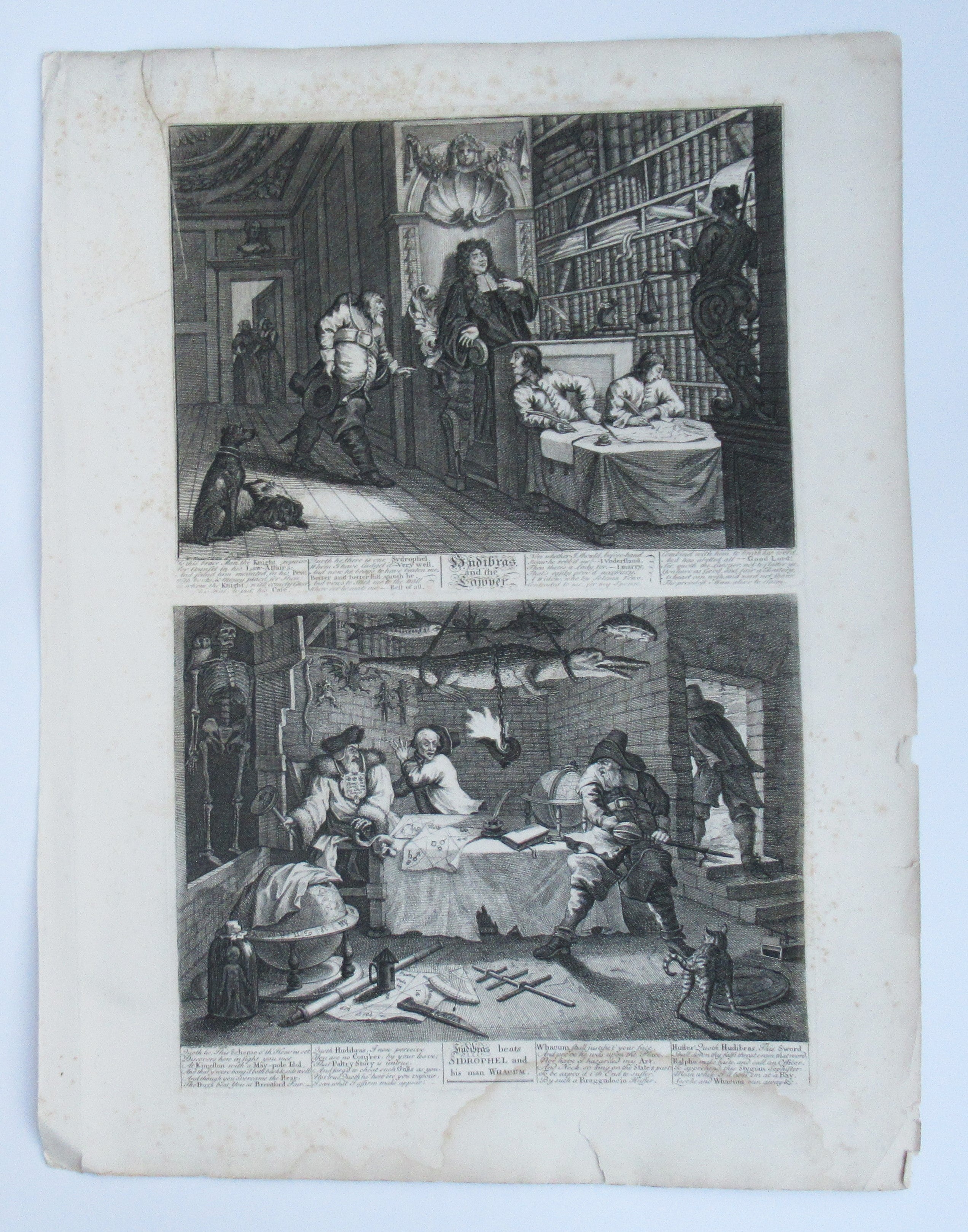 Nine original antique prints by William Hogarth, from illustrations to Hudibras