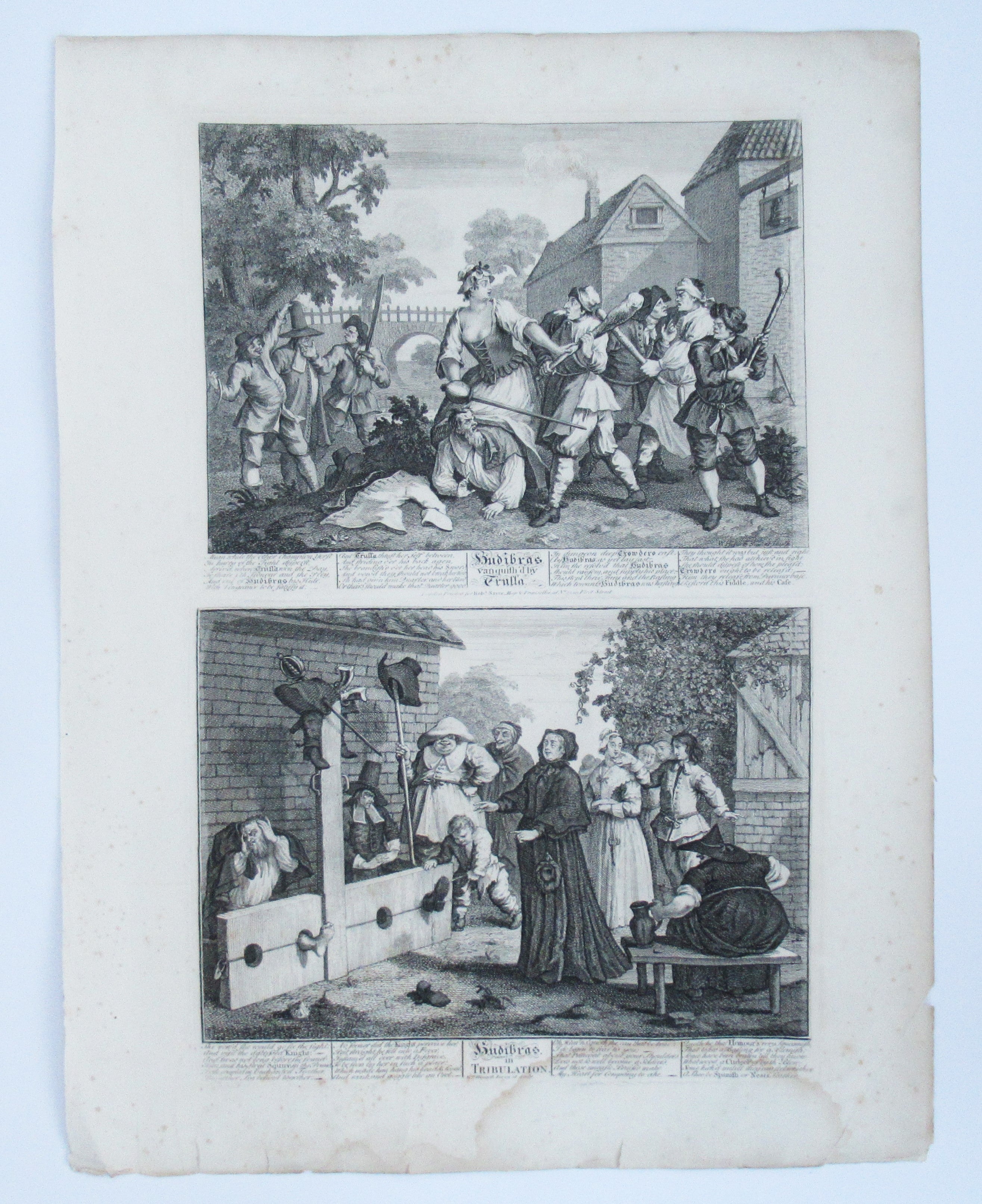 Nine original antique prints by William Hogarth, from illustrations to Hudibras