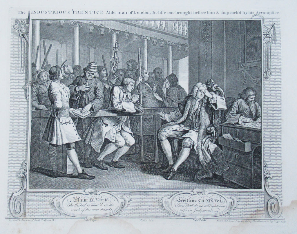 Eleven (of 12) original antique prints by William Hogarth, Industry and Idleness