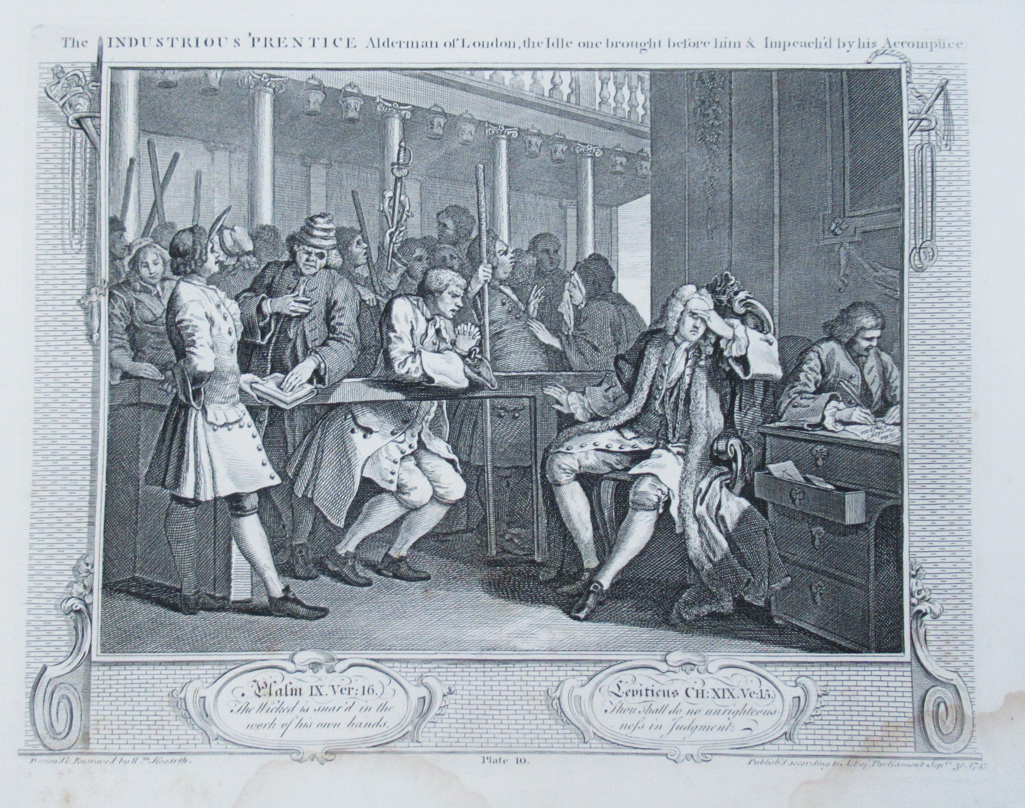 Eleven (of 12) original antique prints by William Hogarth, Industry and Idleness