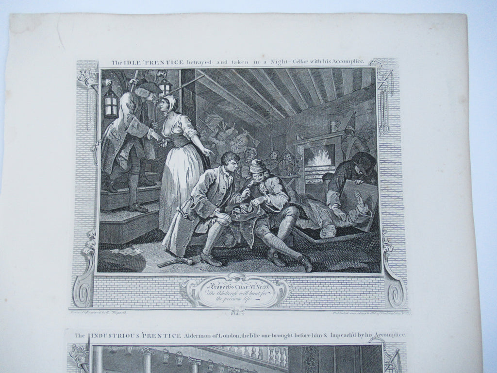 Eleven (of 12) original antique prints by William Hogarth, Industry and Idleness