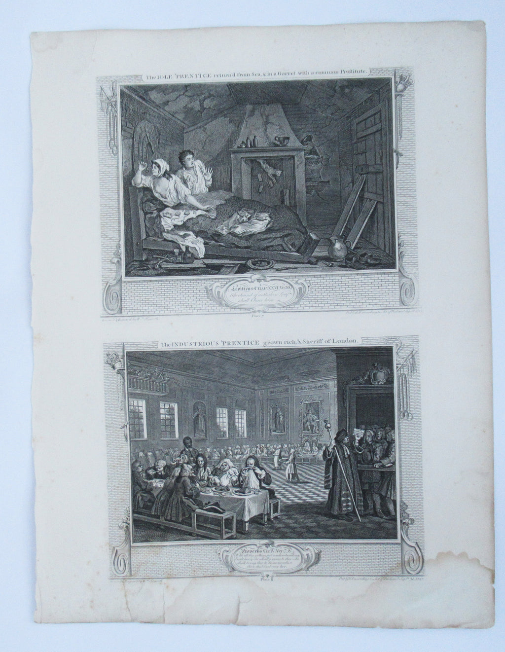 Eleven (of 12) original antique prints by William Hogarth, Industry and Idleness