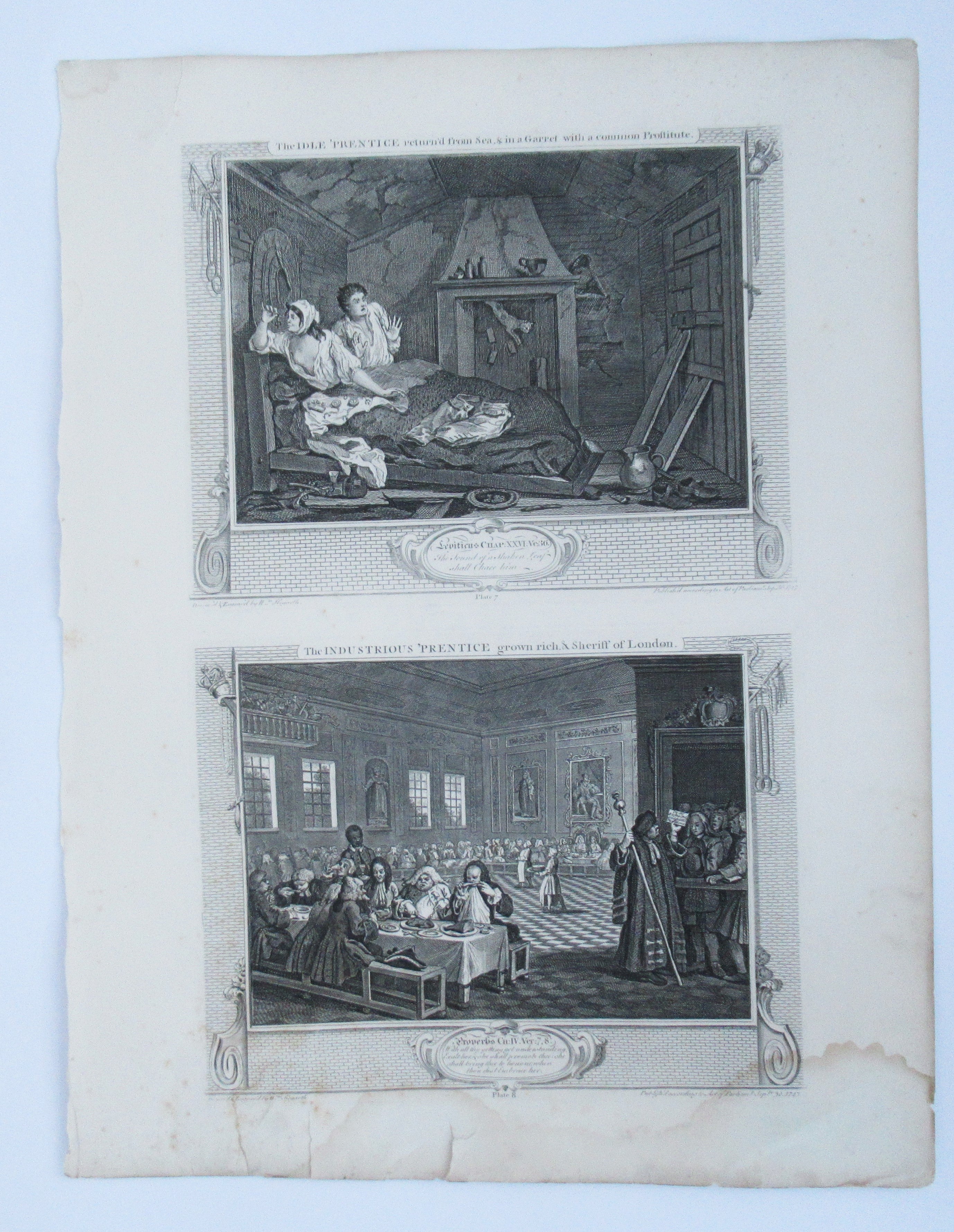 Eleven (of 12) original antique prints by William Hogarth, Industry and Idleness