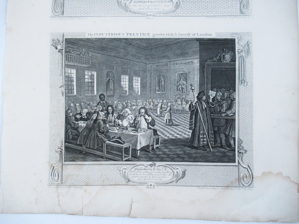 Eleven (of 12) original antique prints by William Hogarth, Industry and Idleness