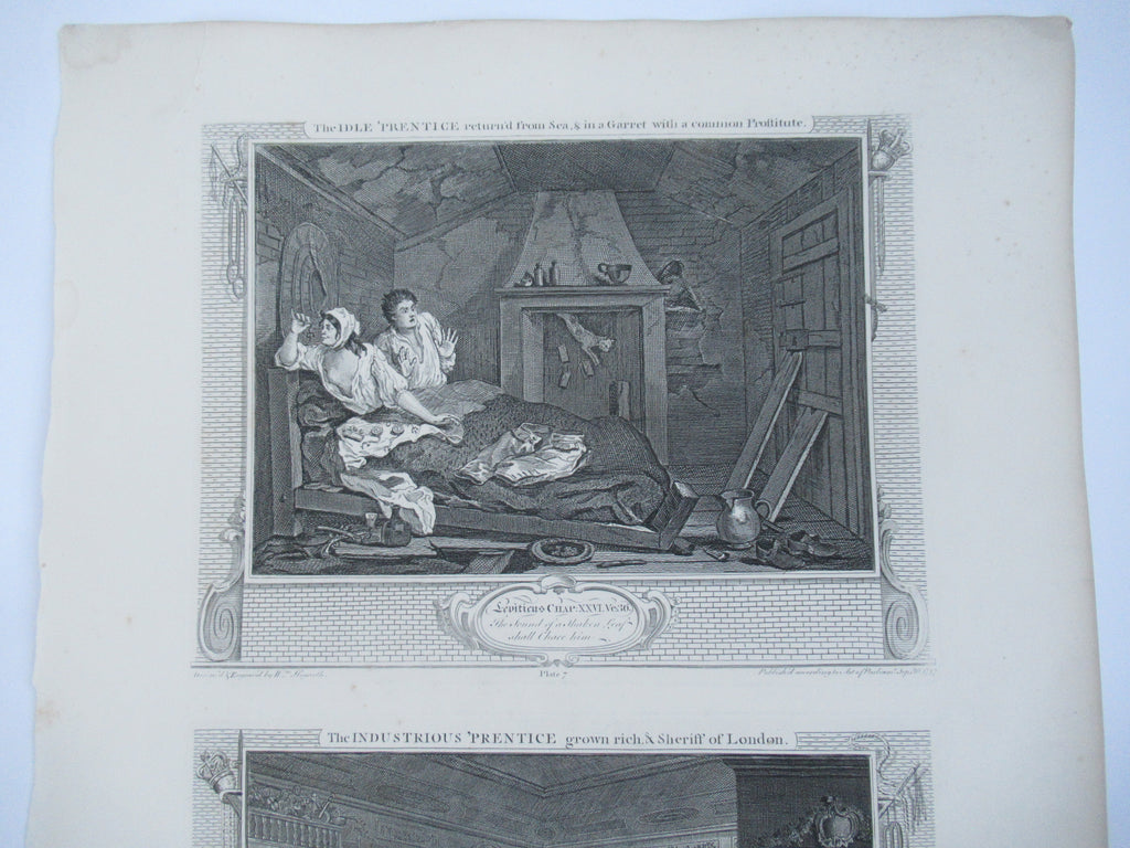 Eleven (of 12) original antique prints by William Hogarth, Industry and Idleness