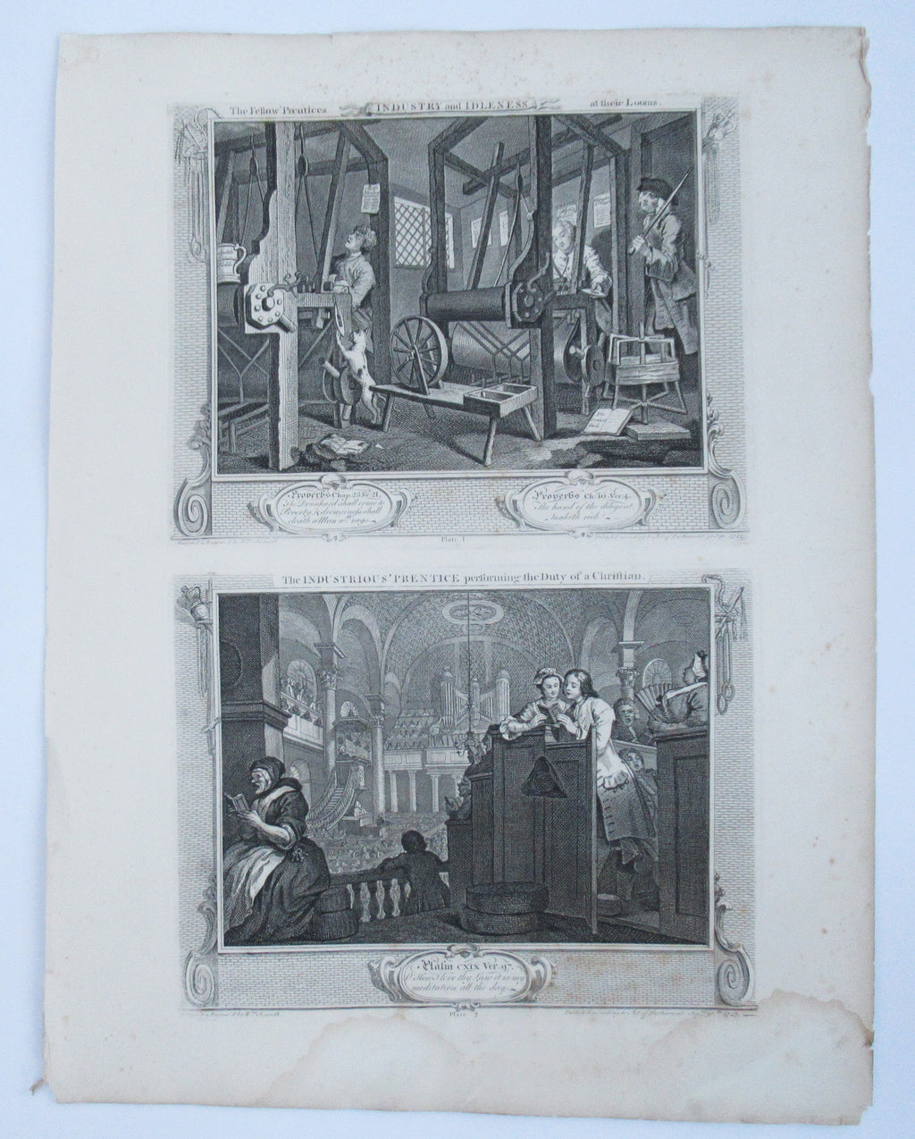 Eleven (of 12) original antique prints by William Hogarth, Industry and Idleness