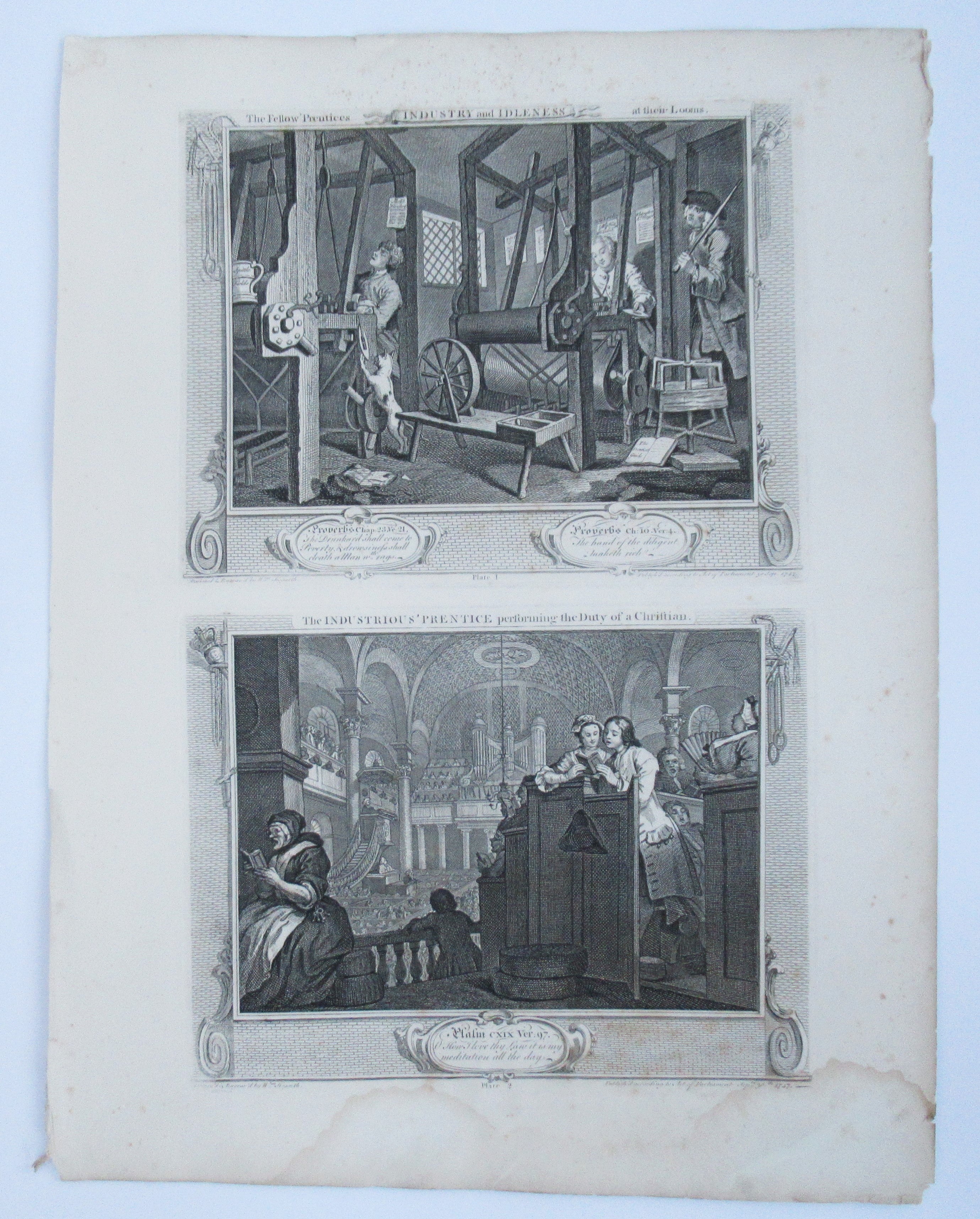 Eleven (of 12) original antique prints by William Hogarth, Industry and Idleness