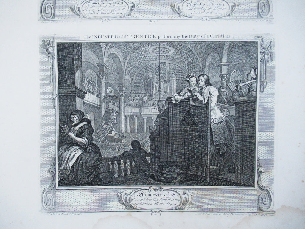 Eleven (of 12) original antique prints by William Hogarth, Industry and Idleness