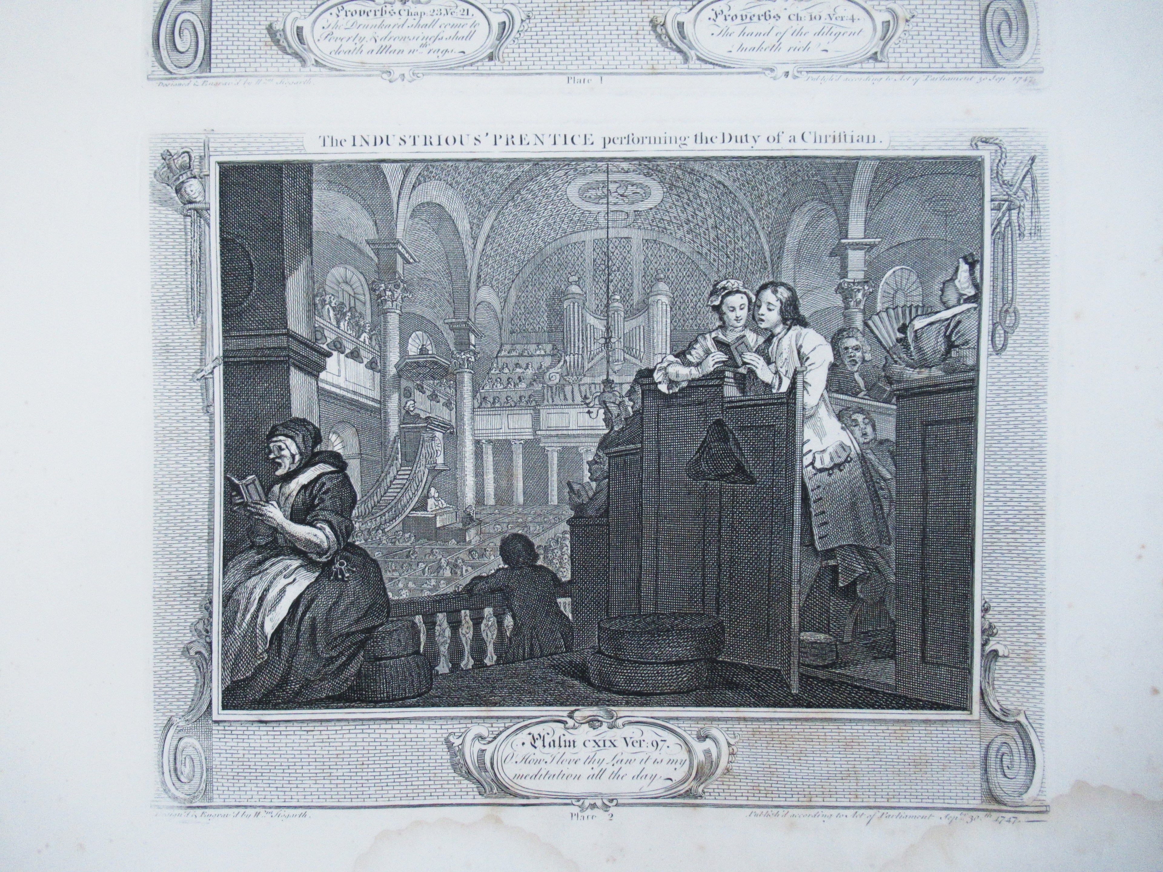 Eleven (of 12) original antique prints by William Hogarth, Industry and Idleness
